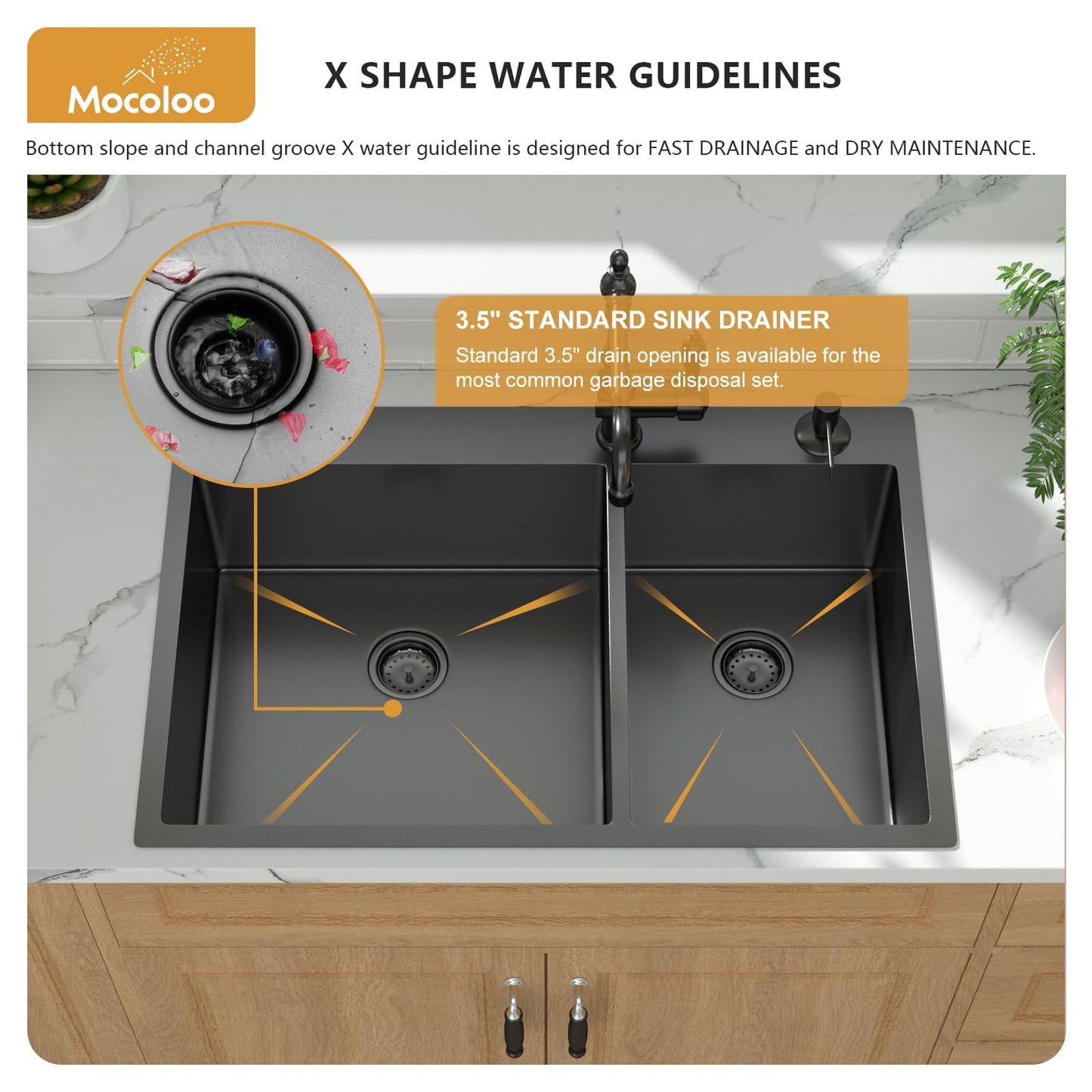 Mocoloo 33 Black Drop In Kitchen Sink 33x22 Inch Gunmetal Black Stainless Sink Double Bowl 60/40 Topmount 16 Gauge Kitchen Sink Handmade Basin