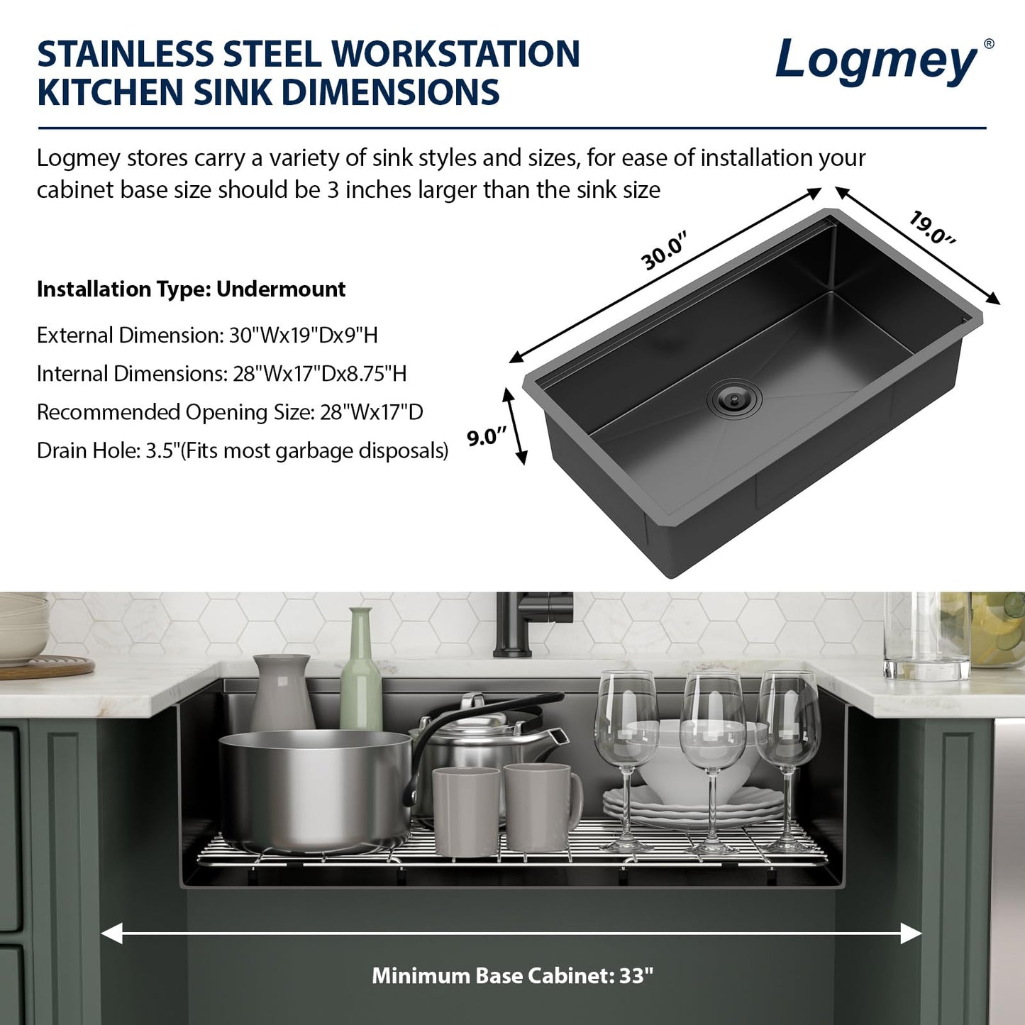 Logmey 30x19 Gunmetal Black Undermount Kitchen Sink 30 Inch Workstation Nano-PVD Stainless Steel Sinks 16 Gauge Single Bowl Kitchen Sink with Accessories 30x19x9