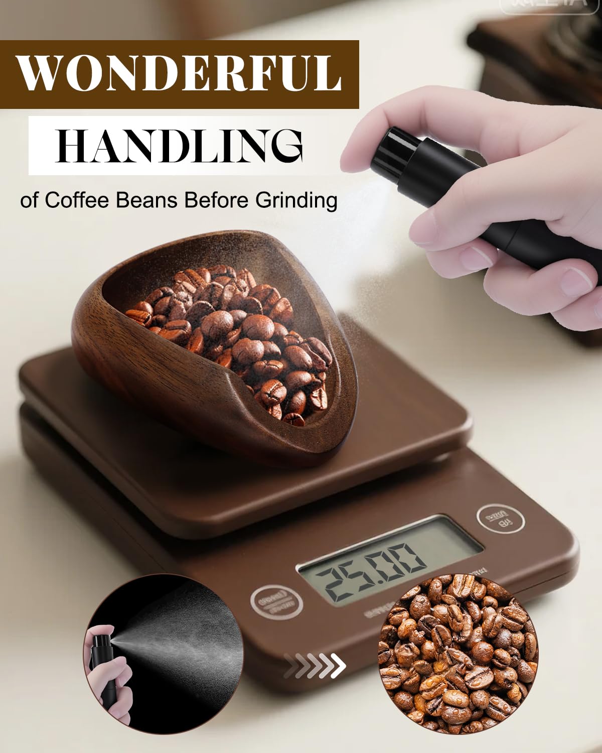 PROKITCHEN Coffee Bean Dosing Cup Set, Walnut Dosing Tray with 15ml Stainless Steel Measuring Spoon & 10ml Coffee spray bottle, Espresso Accessories for Baristas and Home Brewers