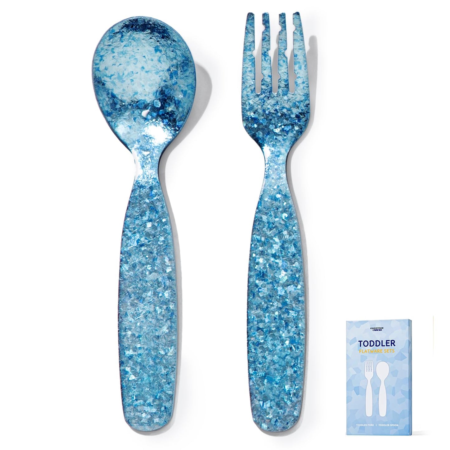 KINGSTONE Toddler Utensils Set, Pure Titanium 2-Piece Fork & Spoon Gift Set, Lightweight Kids Silverware for Self-Feeding Training, Easy Grip, BPA-Free, Dishwasher-Safe, Blue