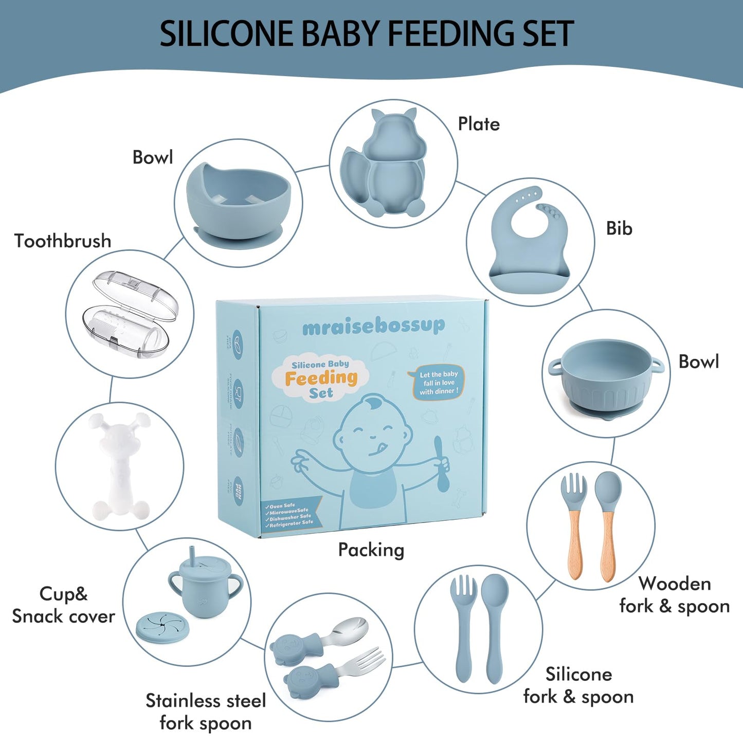 Silicone Baby Feeding Set 15 Pcs，Baby Plates,Baby Spoons Suction Bowl Divided Plate Bib Cup Finger Brush Training cups,Baby Led Weaning Supplies（blue）