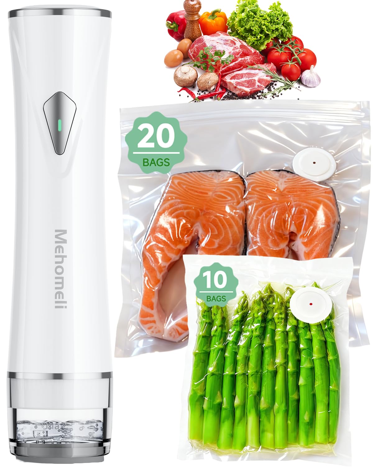 Mehomeli Compact Vacuum Sealer for Food (Vacuum Sealer Machine + 30 Reusable Vacuum Bags), Powerful Handheld Vacuum Sealer Machine, Seal Food 6X Fresh Longer, Portable & Wireless, Easy-Clean
