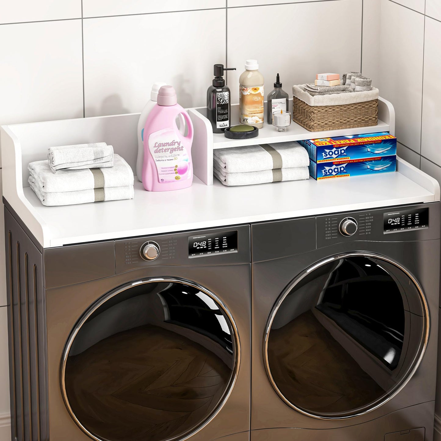 BREENHILL Washer Dryer Countertop with Open Storage Shelf & Raised Edge Guard, Laundry Countertop Over Washer Dryer, Non-Slip Heavy Duty Wood Topper for Front Load Machines, White