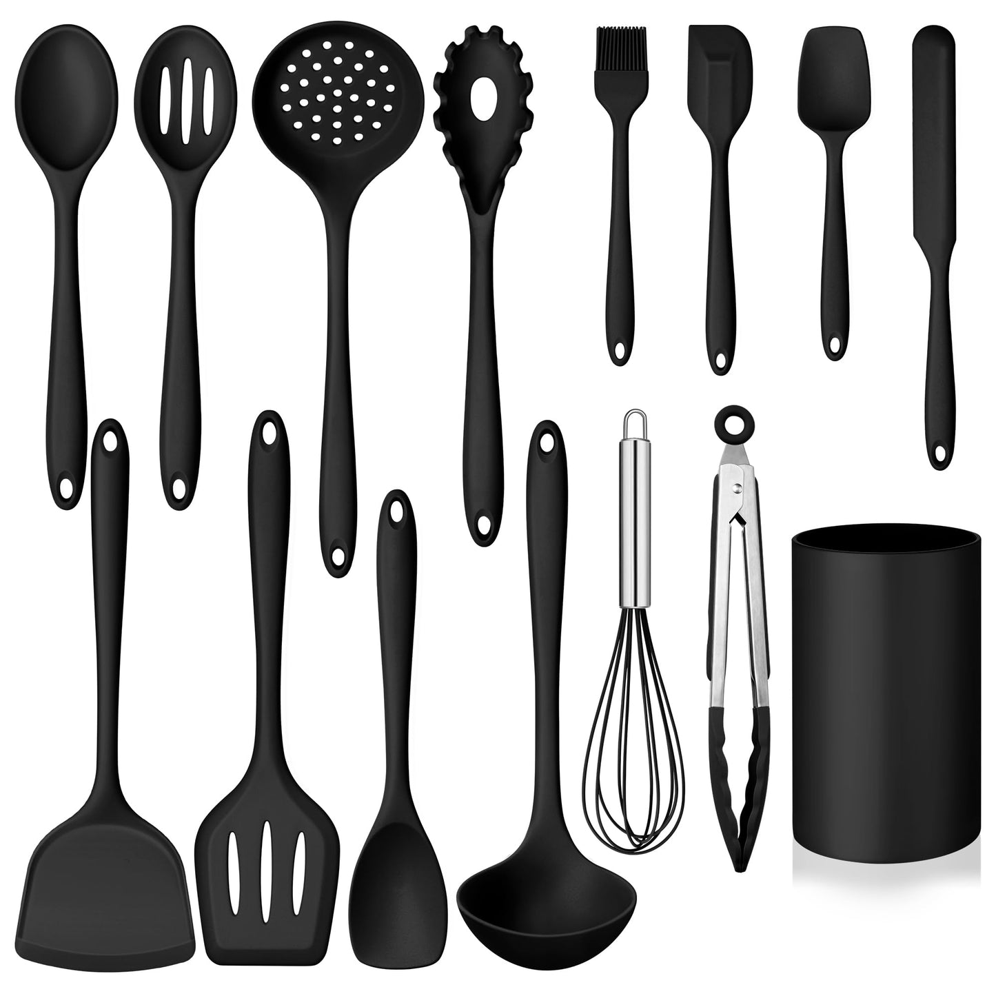 Homikit Silicone Cooking Utensil Set, 15pcs Kitchen Utensils with Holder for Nonstick Cookware, Heat Resistant Nontoxic Silicone Spatula Set Dishwasher Safe Kitchen Tools for Baking-Black