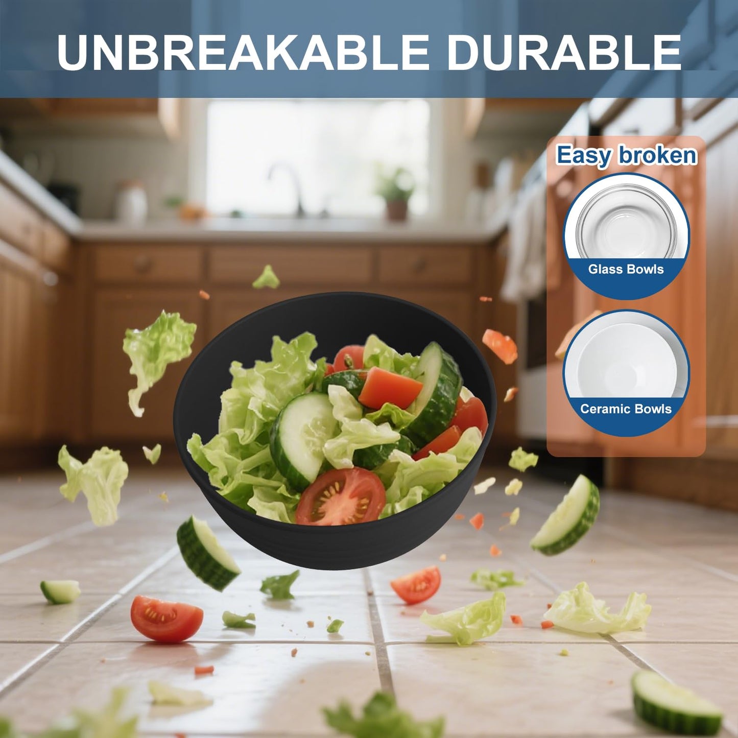 BUSOKIP Ramen Bowl 26oz, Unbreakable Wheat Straw Bowls Sets of 6, Plastic Bowl Reusable, Microwave & Dishwasher Safe Cereal Bowls for Kitchen, Dorm, Office- Black