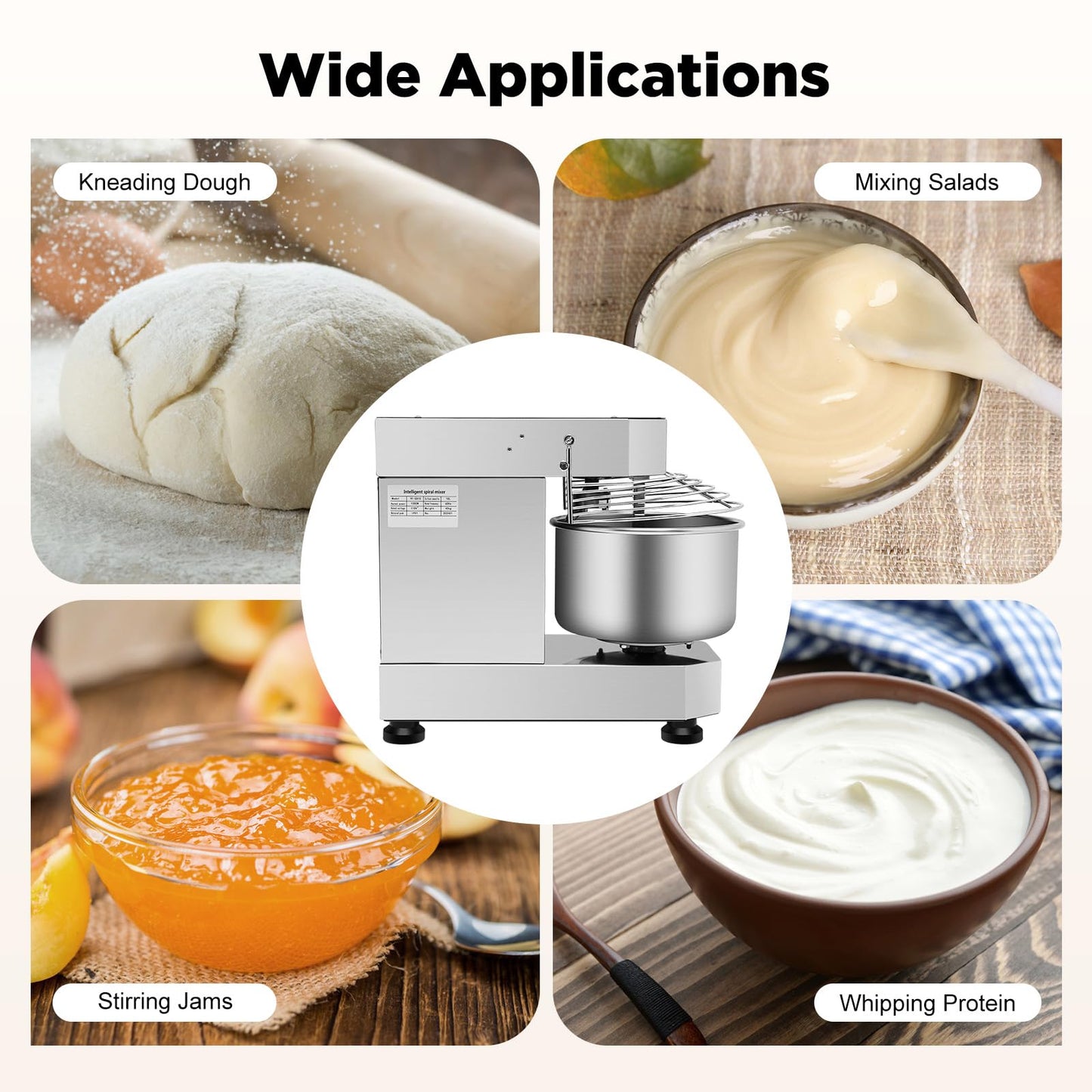 Commercial Food Mixer 2.6 Gal,Commercial Mixer with 100/200RPM Dual Speed, 750W Dough Mixer,Commercial Stand Mixer with Stainless Steel Bowl,Electric Dough Maker for Home Bakery & Restaurant