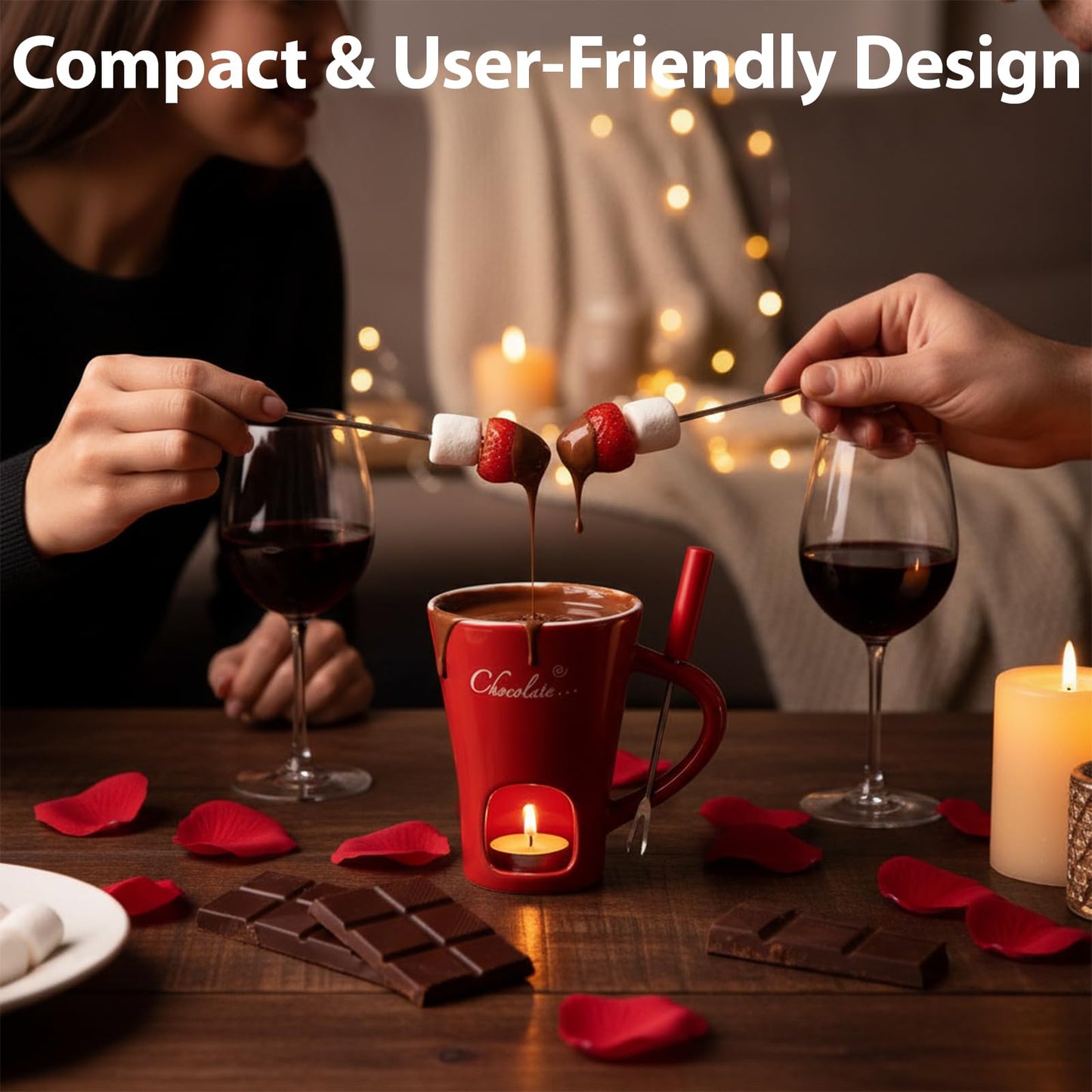 Fondue Mug with Forks Chocolate Melting Cup Ceramic Mini Tealight Pot for Coffee Cheese Candy Warmer Camping Date Movie Night Birthday Wedding Desserts (Red)