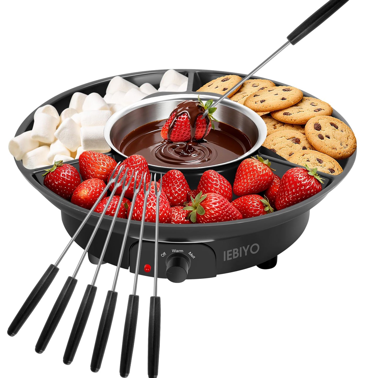 IEBIYO Chocolate Melting Pot Electric Chocolate Fondue Pot Set 3-Section Food Trays with 6pcs Dipping Forks Perfect for Chocolate Cheese Dessert Housewarming Christmas Party Gifts (Black)