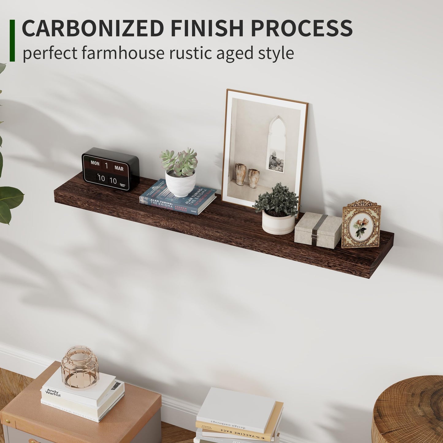 Marsmiles Wood Floating Shelves for Wall Set of 2, 36 Inch Wide Rustic Wooden Floating Shelves, Invisible Wall Mounted Display for Living Room Bedroom Kitchen Bathroom Office, Rustic Brown