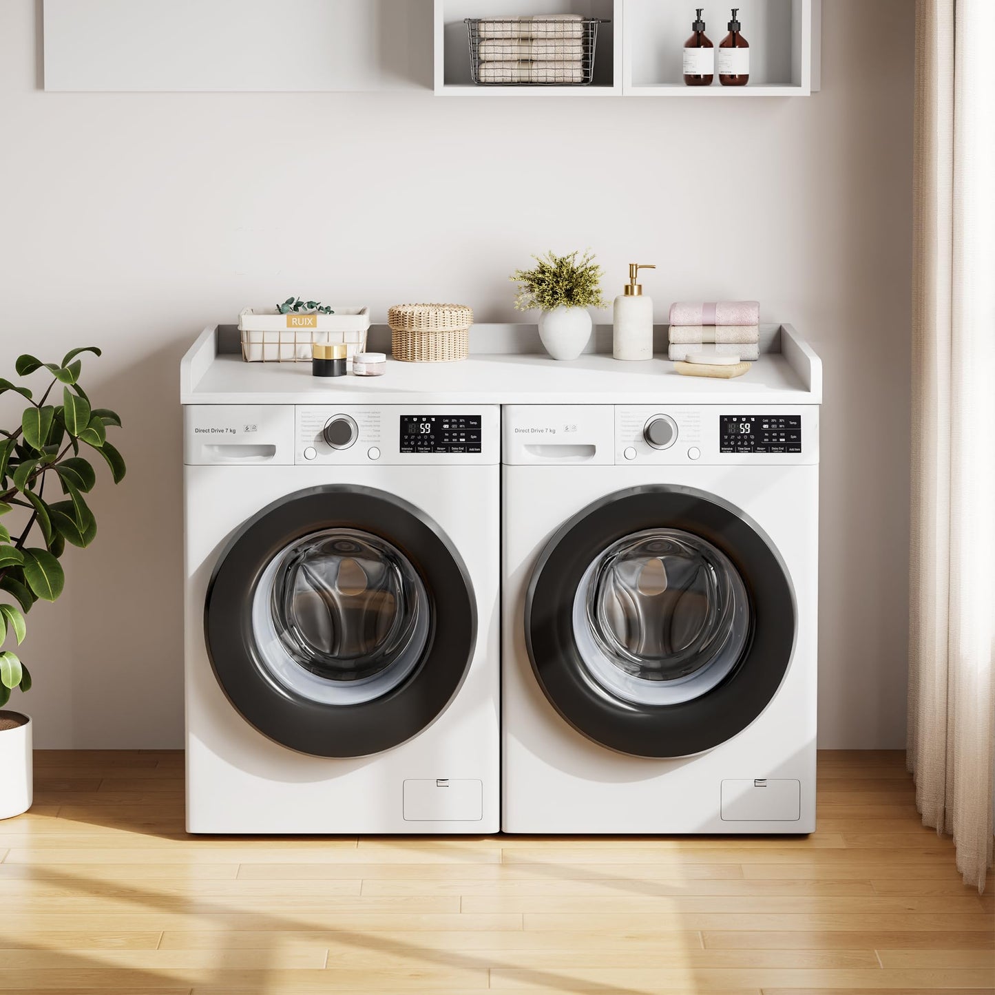 IDEALHOUSE 2-Tier Washer and Dryer Countertop with Shelf or Drawers, Laundry Countertop Cover with Non-Slip Pad, 54"X27.5" Laundry Topper for Folding Clothes Over Washer and Dryer-White