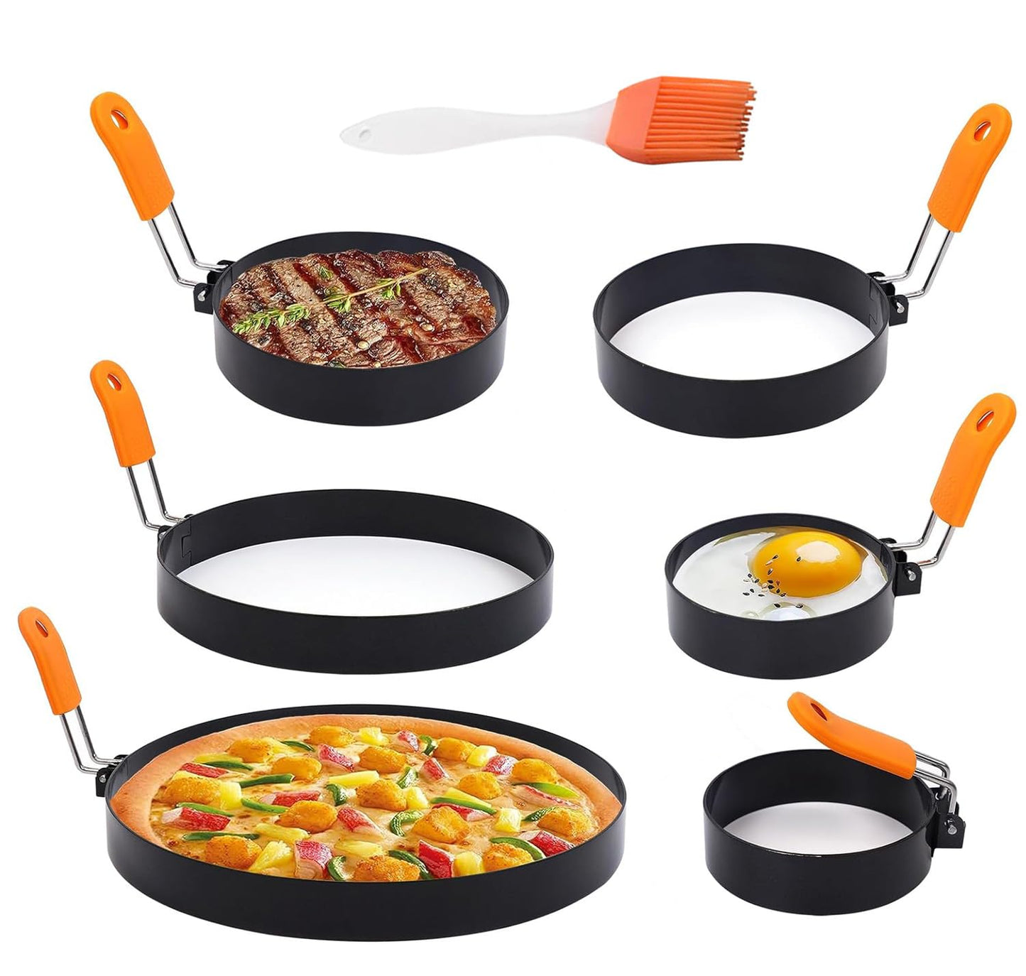 6 Packs Professional Pancake Ring Set,3" Omelette Ring,4" Non-stick Griddle Pancake Shapers with Oil Brush,6" Stainless Fried Egg Molds with Orange Anti-scald Silicone Handle,8" Pancake Molds