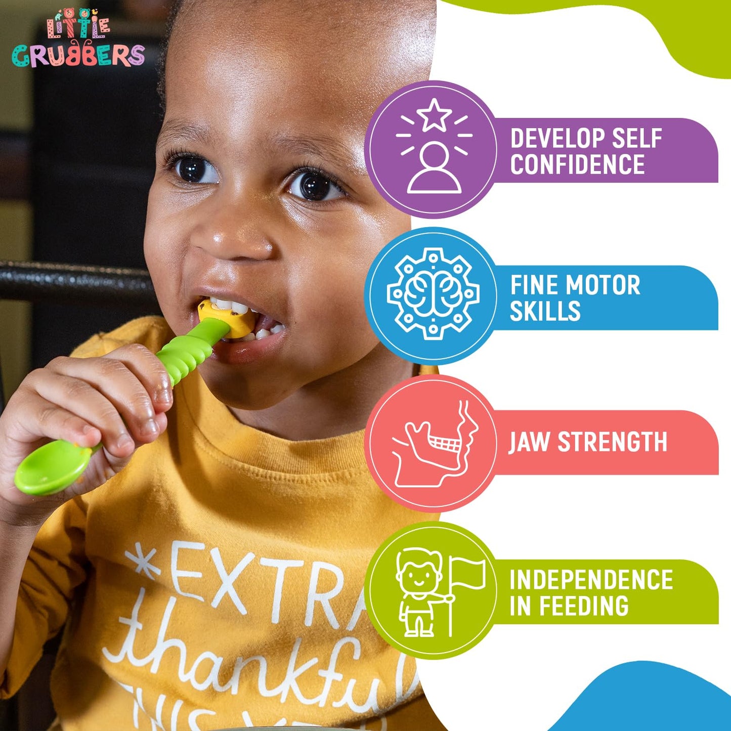 Little Grubbers 3-in-1 Silicone Baby Spoon Self Feeding 6+ Months - Pediatric OT Designed Teether Spoon, BPA Free Infant Toddler Utensils, Mess-Free, Fun for Baby Led Weaning Supplies - 4 Pack