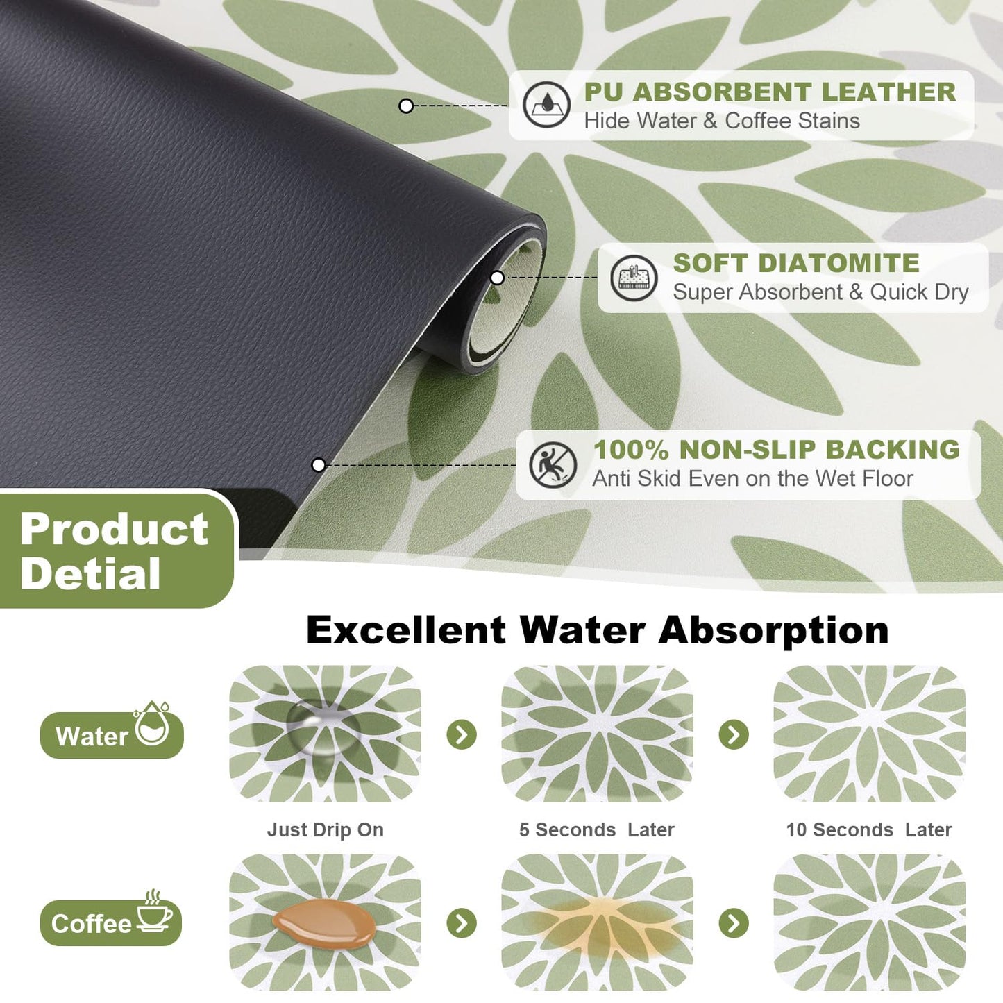 Findosom Floral Dish Drying Mat, 12" x 20" Super Absorbent & Hide Stain Coffee Mat, Cuttable Drying Mat for Kitchen Counter, Under Dish Rack, Coffee Maker, Espresso Machine, Sage Green