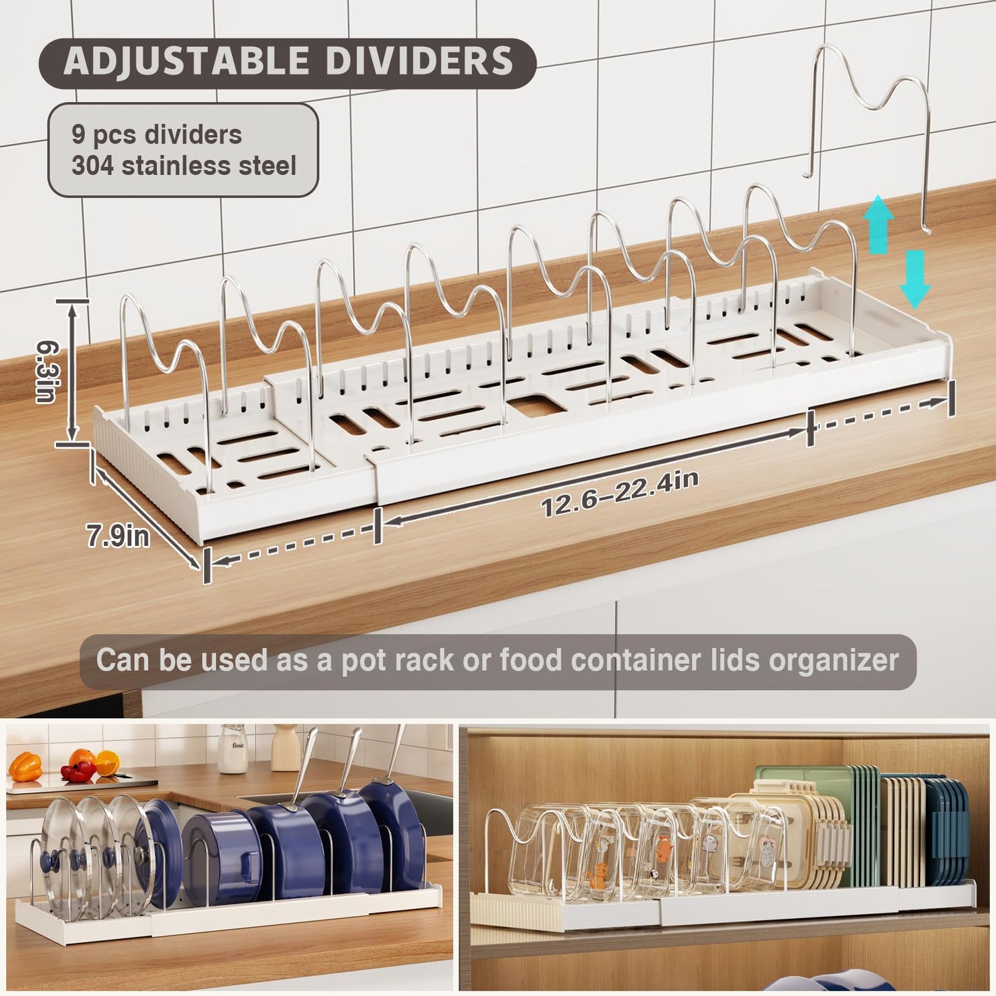 Magheo Expandable Food Storage Container Lid Organizers, 22" Pots and Pans Organizer Under Cabinet with 9 Adjustable Dividers Pot and Pan Lid Holders Rack Inside Cabinet(White,1 Pack)