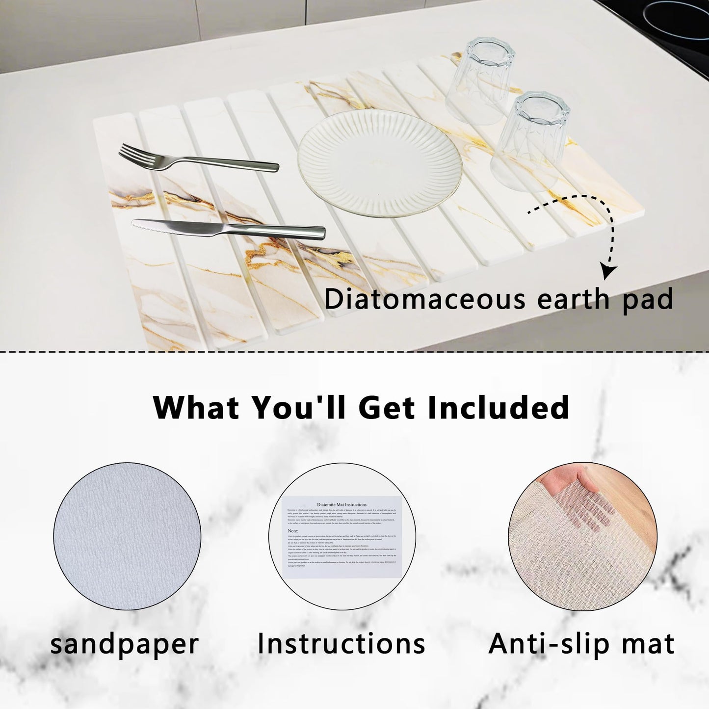 Large Stone Drying Mat for Kitchen Counter Diatomaceous Earth Collapsible 24”（L）*16”（W）Super Heat Resistant Mats, Quick Absorbent Dish Drying Rack（Gold marble）
