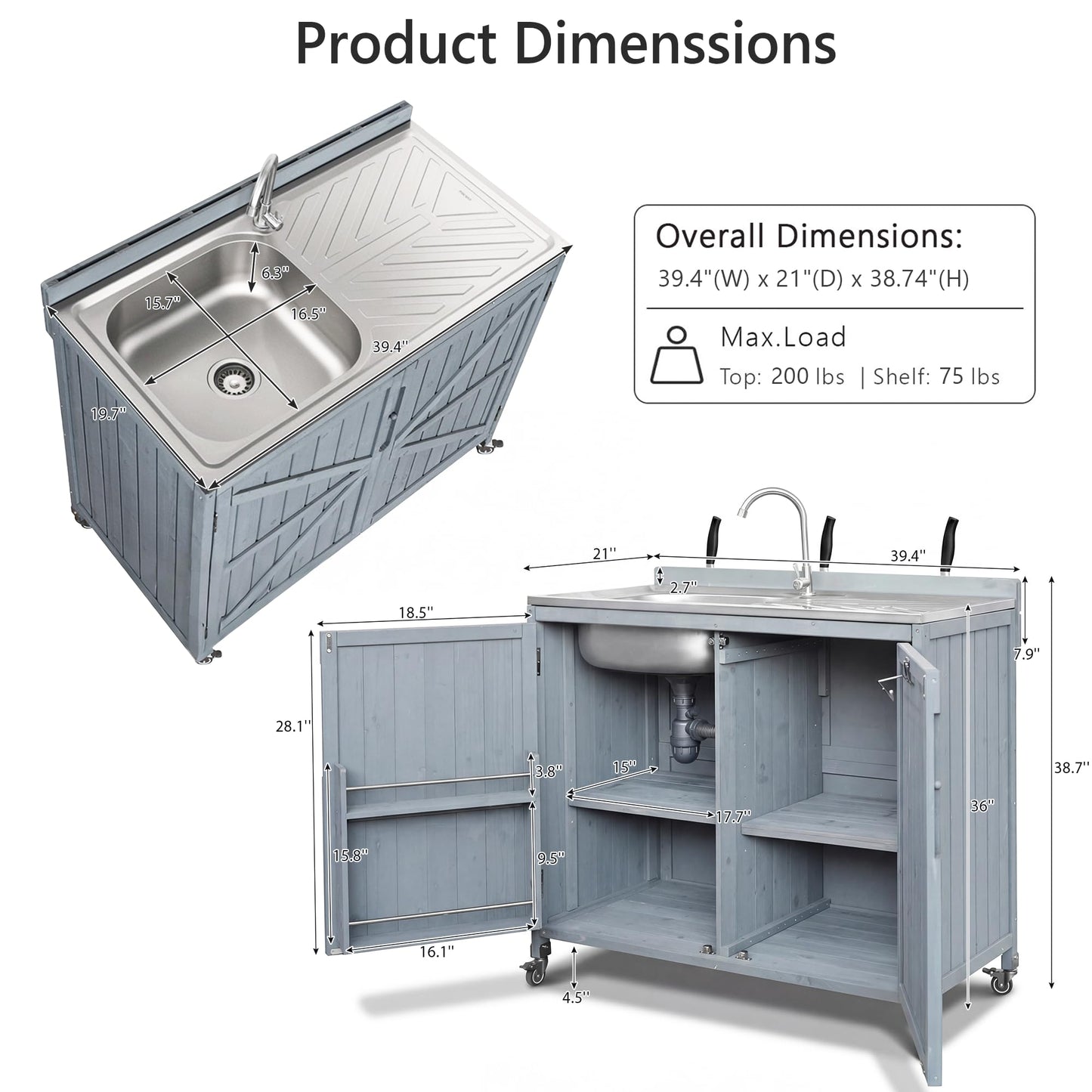 Merax 2 Piece Modular Outdoor Kitchen Series- Kitchen Grill Cart w/Stainless Steel Sink, Wood Rolling BBQ Prep Table w/Stainless Steel Top, Lockable Wheels for Patio & Outdoor Cooking, Grey Blue