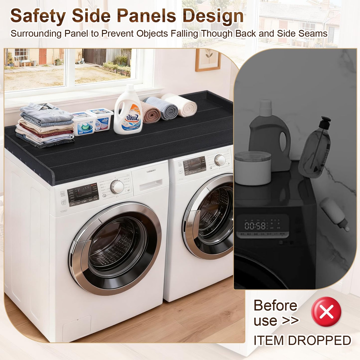 Chormtok Washer Dryer Countertop, HDPE Laundry Countertop with Edge Rails, No-Installation-Black