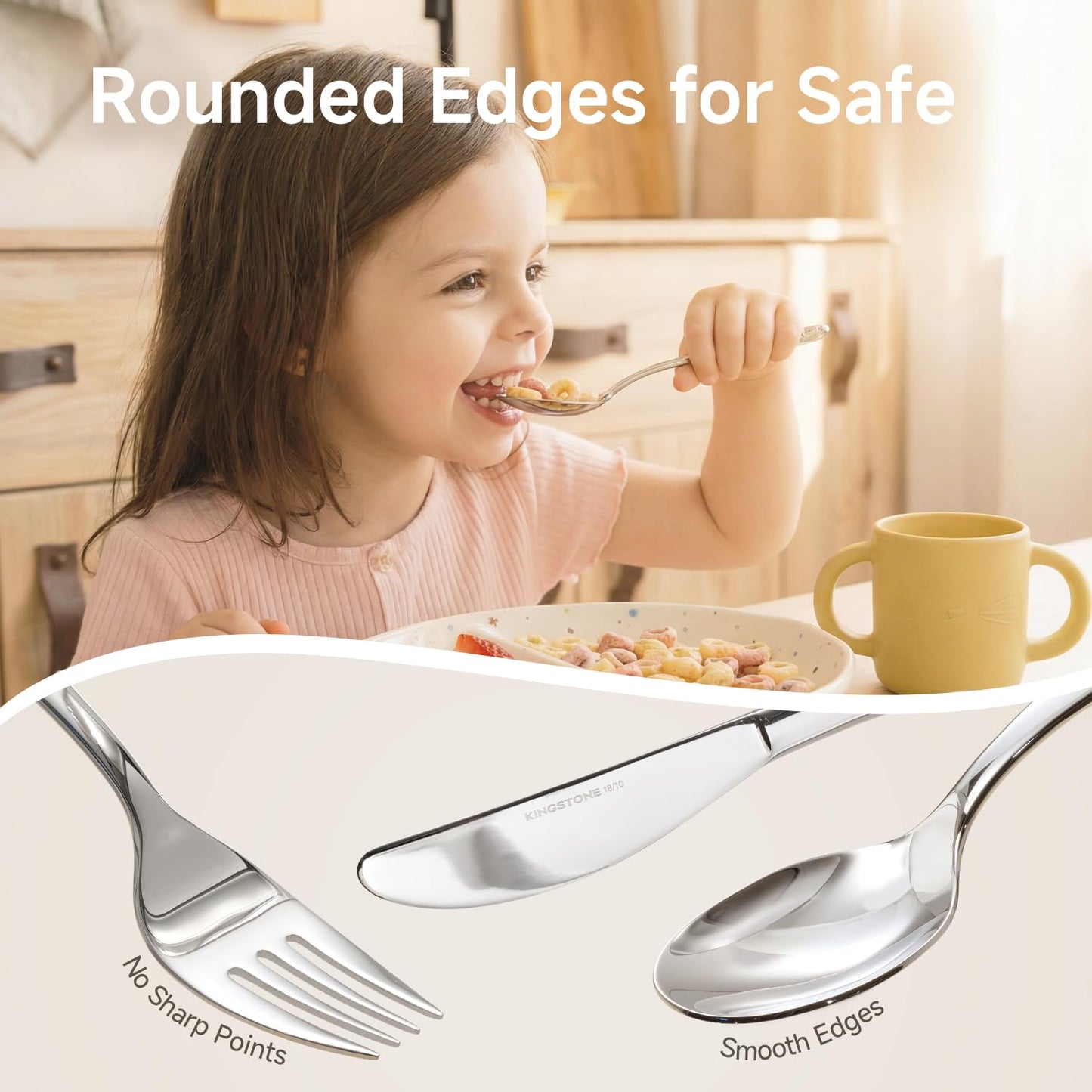 KINGSTONE Toddler Utensils Gift Set, 3-Piece Fork, Spoon & Knife, Large Size, 18/10 Stainless Steel, Cat & Dog Print, Ergonomic Kids Flatware for Self-Feeding, Ideal Birthday or Children Shower Gift