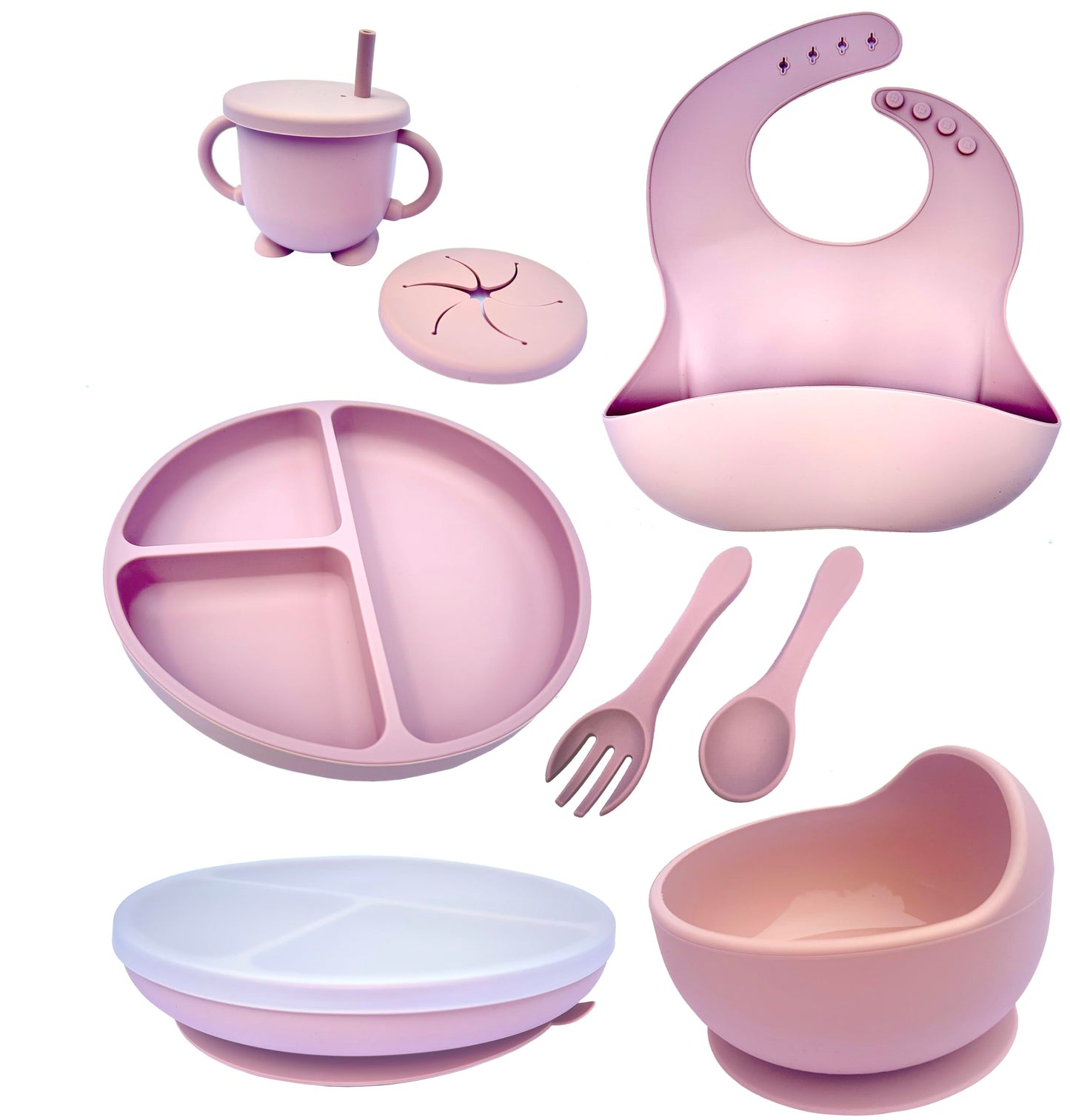 Kotaria 9 Piece Pink Toddler Silicone Dinner Set. Includes Bib, Suction Compartment Plate with lid, Cup with Straw and lid for Snack time, Bowl, Fork and Spoon.