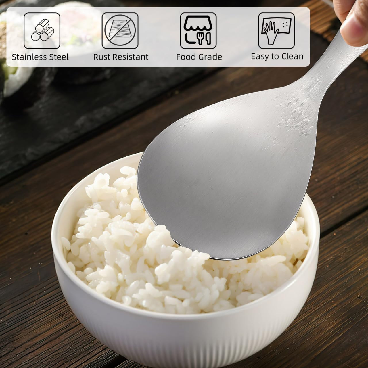 Cabilock 2Pcs Rice Spoons for Serving, Stainless Steel Rice Paddle Spoon Non Stick, Kitchen Silverware Utensils for Home Restaurant
