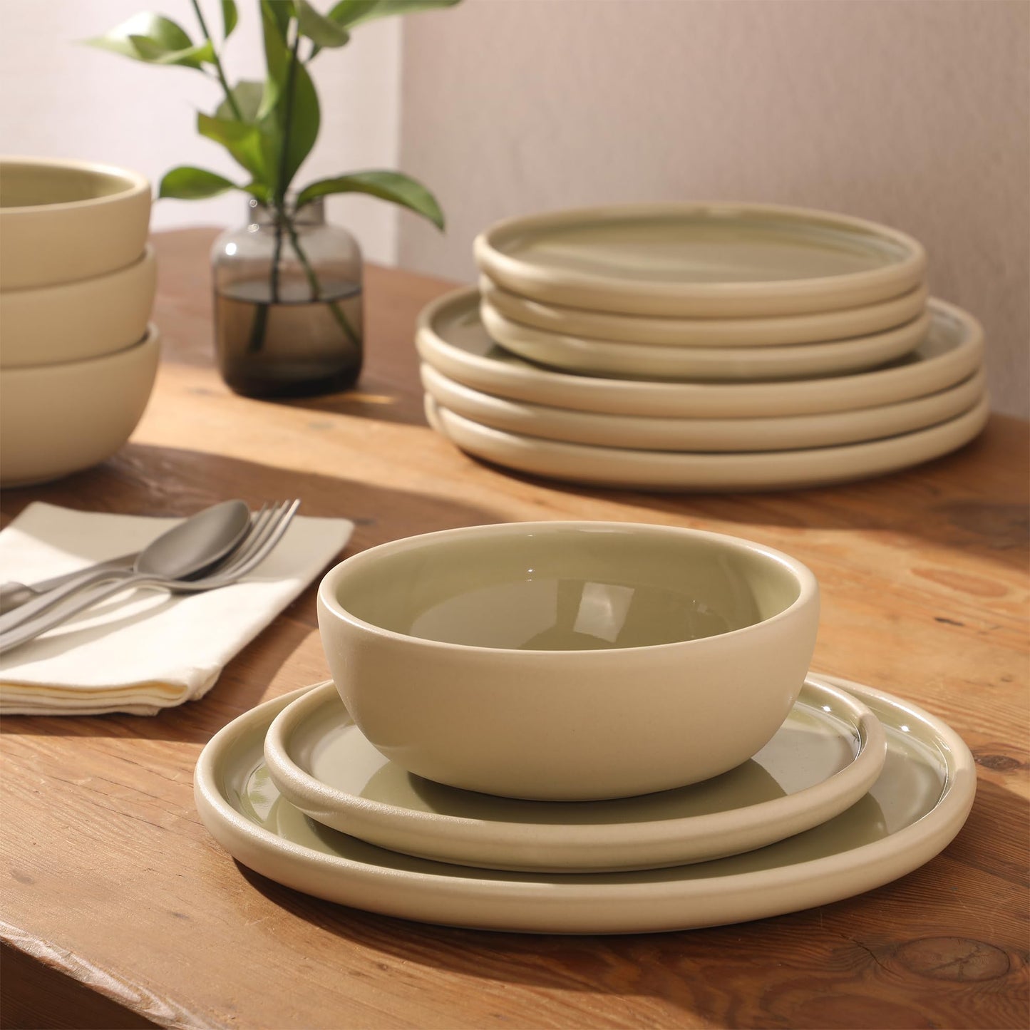 Gibson Elite - Made in Portugal - Port Gaia 12 Piece (Service for 4) Plates and Bowls Reactive Glaze Dishes Stoneware Ceramic Dinnerware Set - Grey