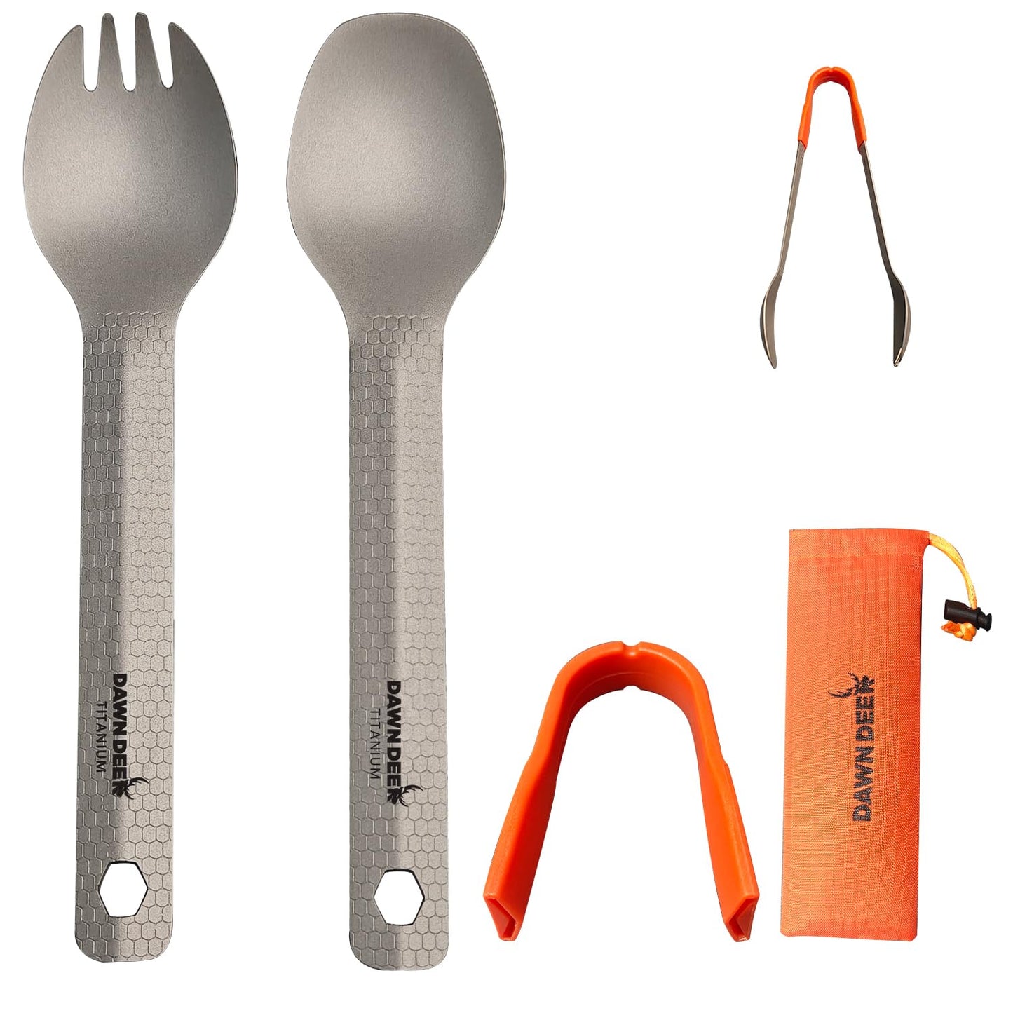 Dawn Deer 3 in1 Titanium Ultralight Cutlery Set, Long Handle Spoon and Spork, Camping tong, Travel Utensils with Bag (16CM)