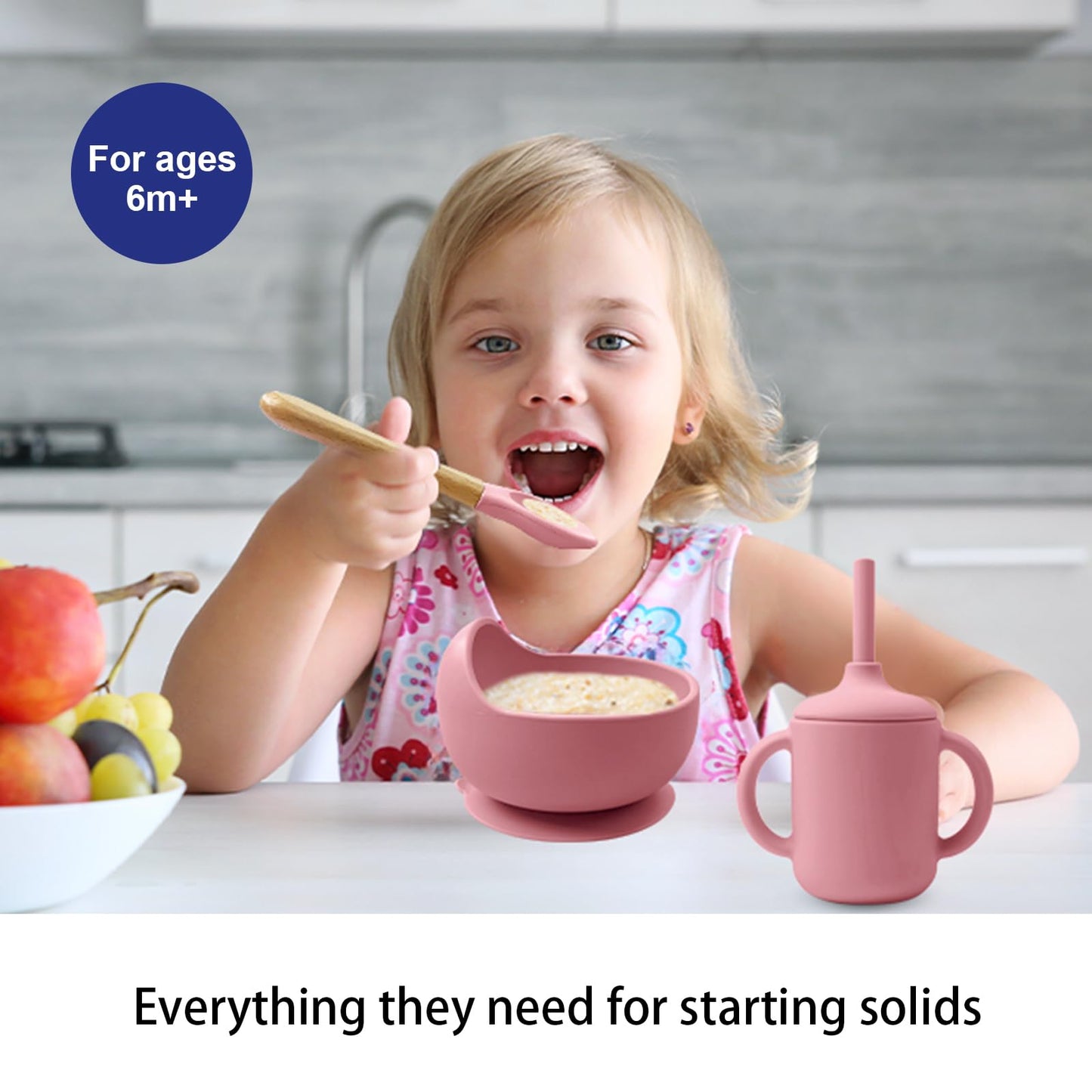 LITTLE RAWR Silicone Baby Feeding Set 14 Pcs,Baby Led Weaning Supplies, Baby Spoons Suction Bowl Divided Plate Bib Cup Finger Brush,First Stage Solid Food Eating Utensils - 6+ Months(Deep Red)