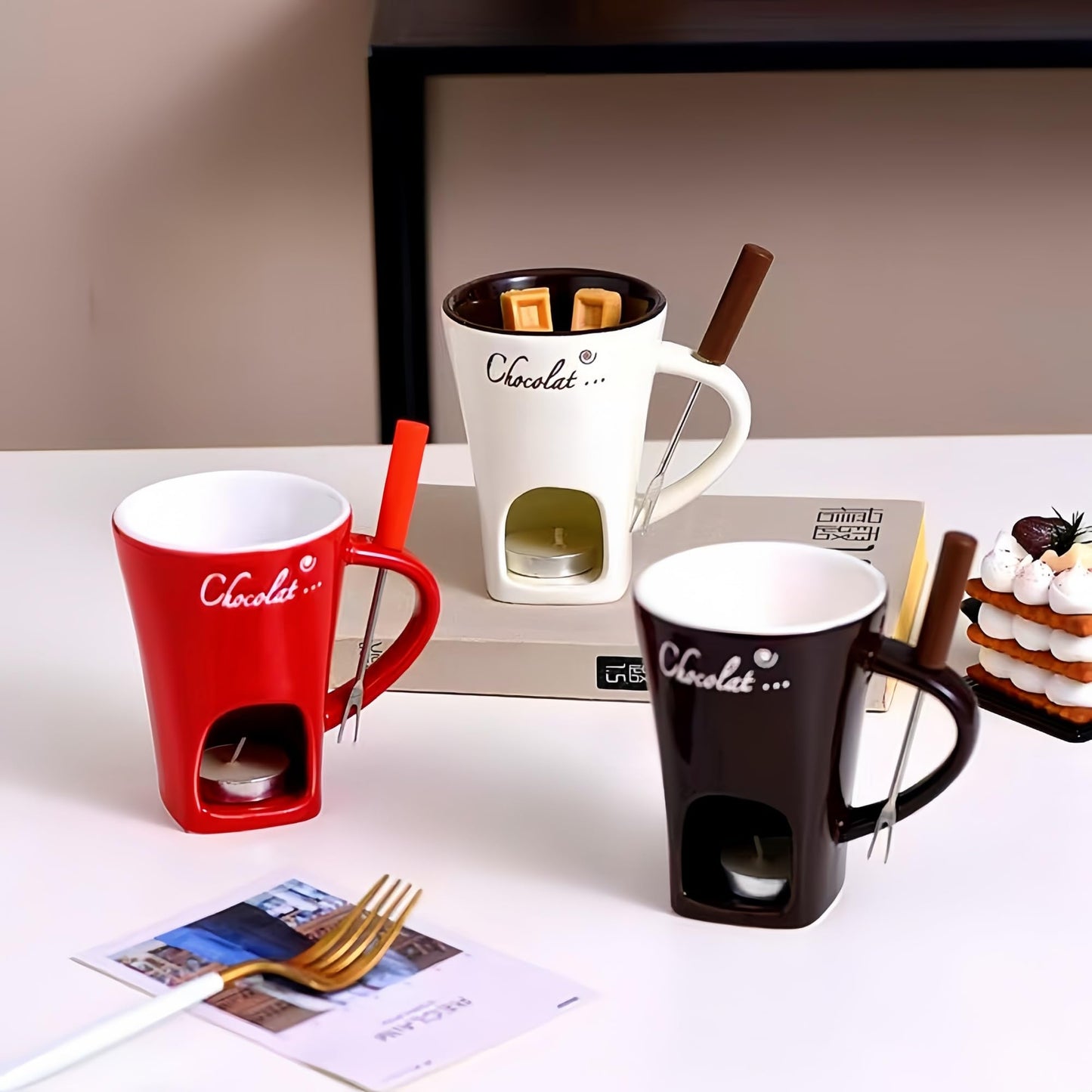 CREHNIL Chocolate Melting Mug Cheese Candy Mini Fondue Pot With Forks (Brown)