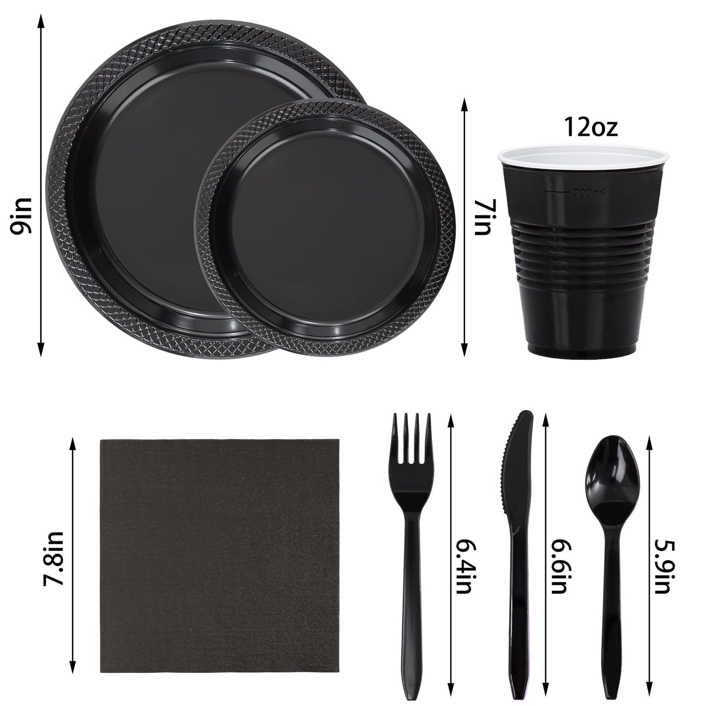 WELLIFE 210 PCS Black Plastic Plates for 30 Guests - Disposable Dinnerware Set Including Dinner Plates, Dessert Plates, 12oz Cups, Cutlery & Napkins, Black Disposable Plates for Party and Birthdays