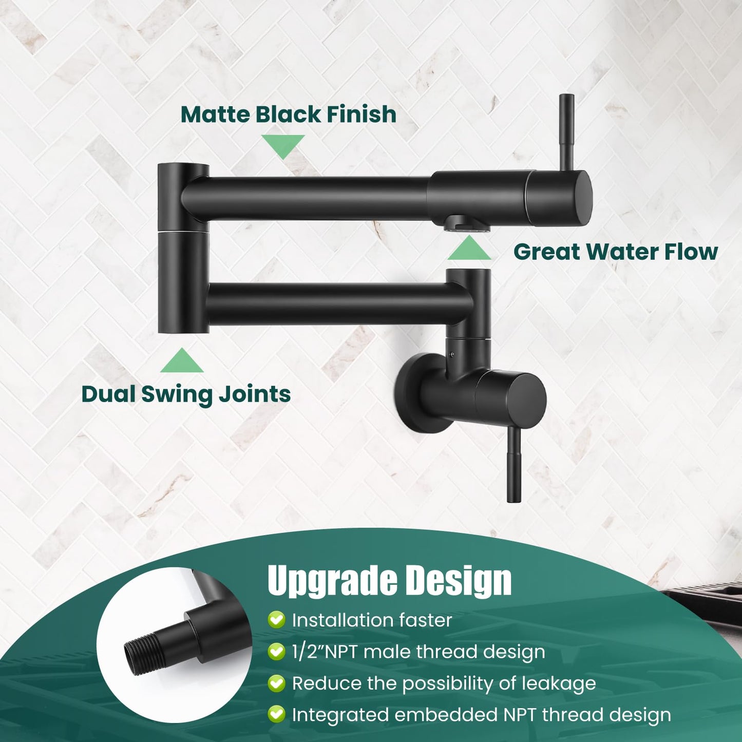 Heyalan Pot Filler 19 Inch Wall Mount Folding Stretchable Kitchen Restaurant Faucet Stainless Steel Pot Filler Double Joint Swing Arm Two Handles Commercial NPT,Straight Handle,Matte Black
