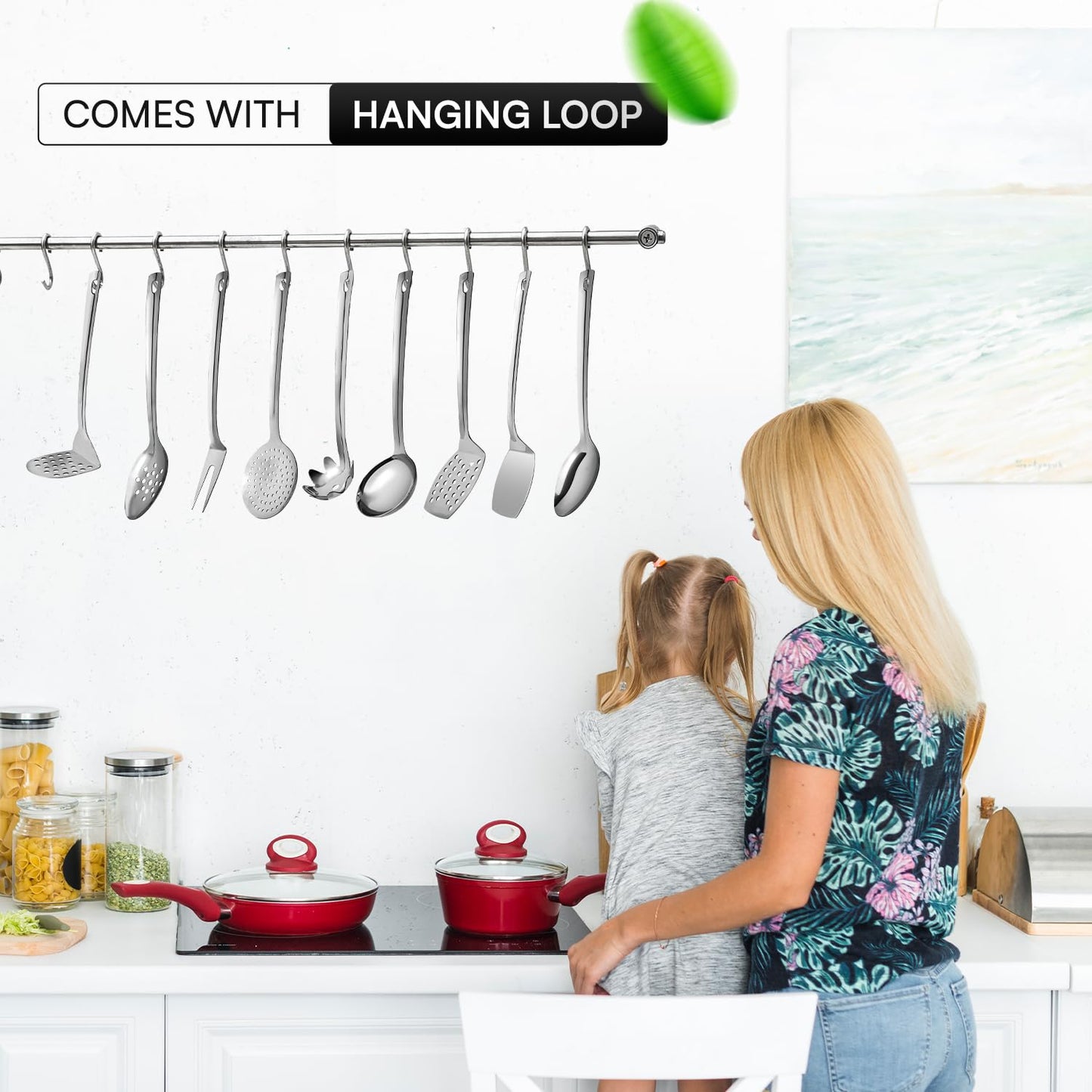 Stainless Steel Cooking Utensils Set 9 Piece, Kitchen Utensil Set Stainless Steel, Metal Cooking Tools Set, Heat Resistant, Dishwasher Safe, Premium Cooking Utensils 13-Inch