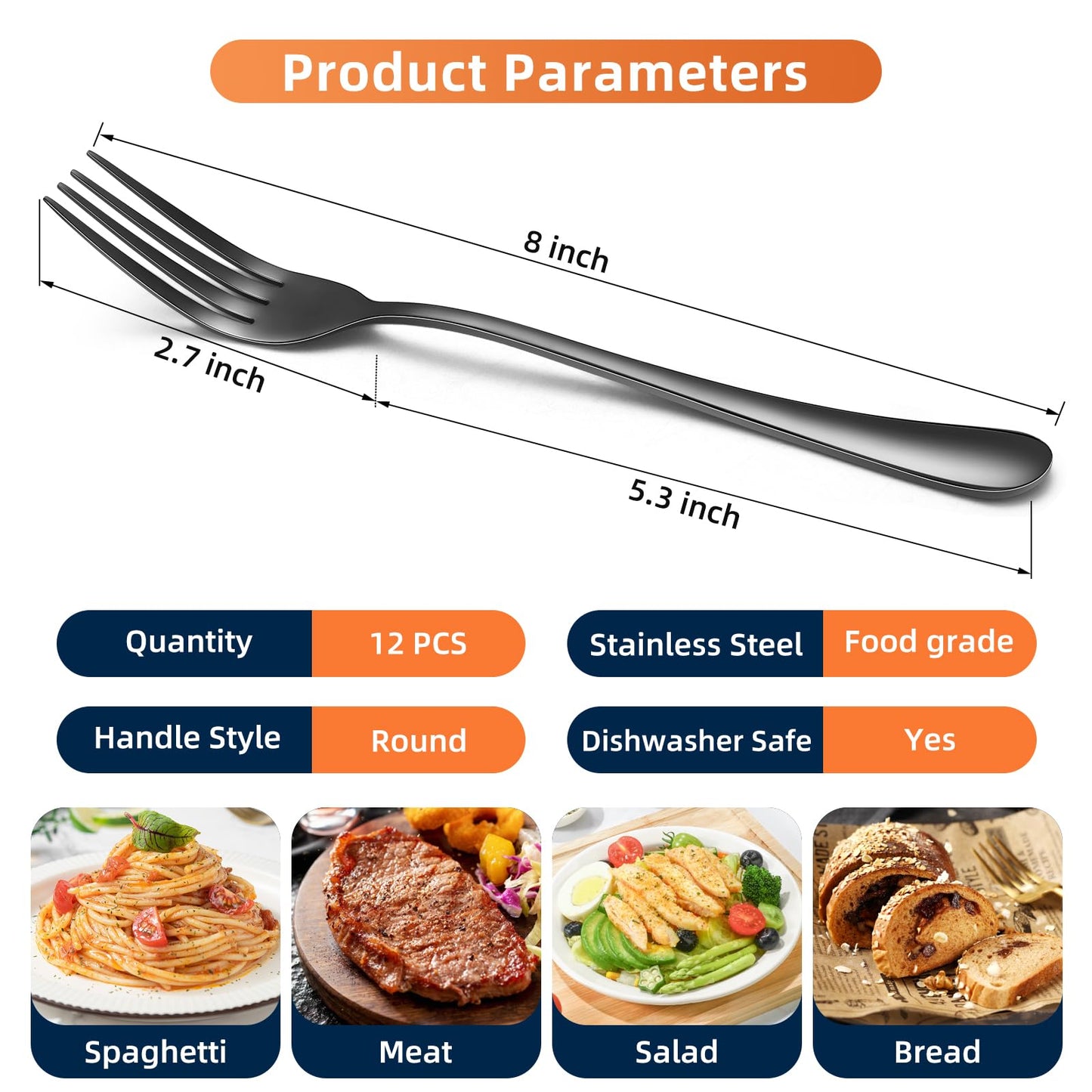 Black Forks Food-Grade Stainless Steel Dinner Forks 12 Piece Kitchen Forks 8 inch Silverware Set for Home Kitchen Restaurant-Mirror Polished & Dishwasher Safe