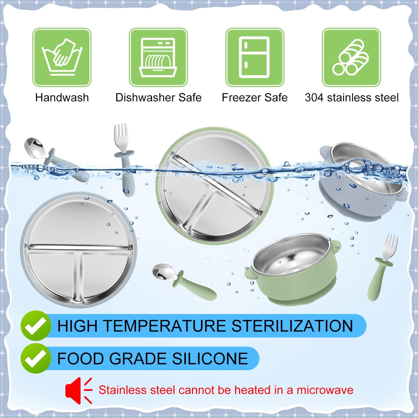 Nuogo 8 Pcs Stainless Steel Kids Plates and Bowls Set with Suction Stainless Steel Baby Plate, Toddler Bowls, Forks, Spoons with Removable Silicone Suction Silicone Baby Feeding Set, Dishwasher Safe