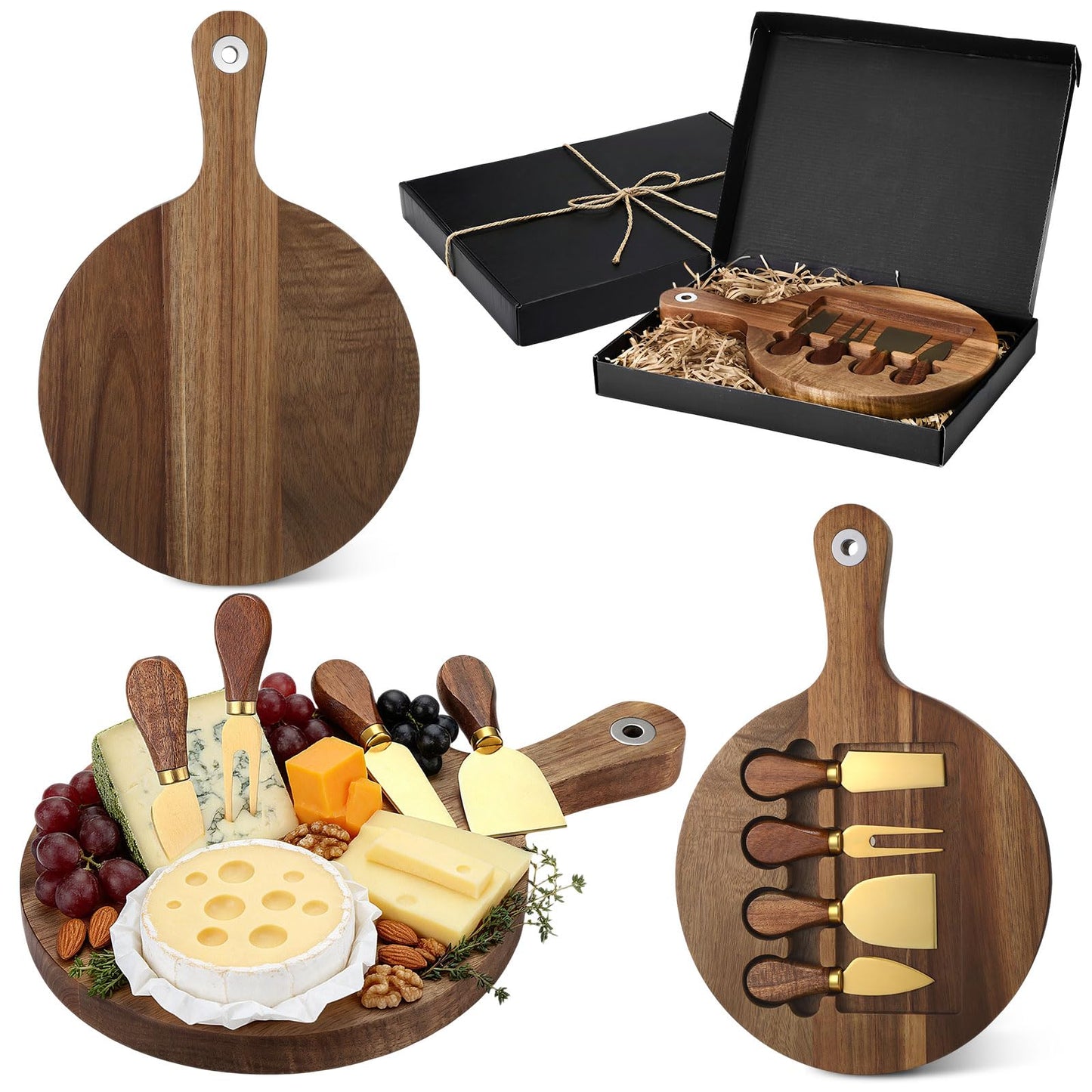 Didaey Acacia Cheese Board and Knife Set Including Stainless Steel Cheese Tools with Slicer and Cutters for Platter Cutting Serving Plate Tray Housewarming Wedding Gift