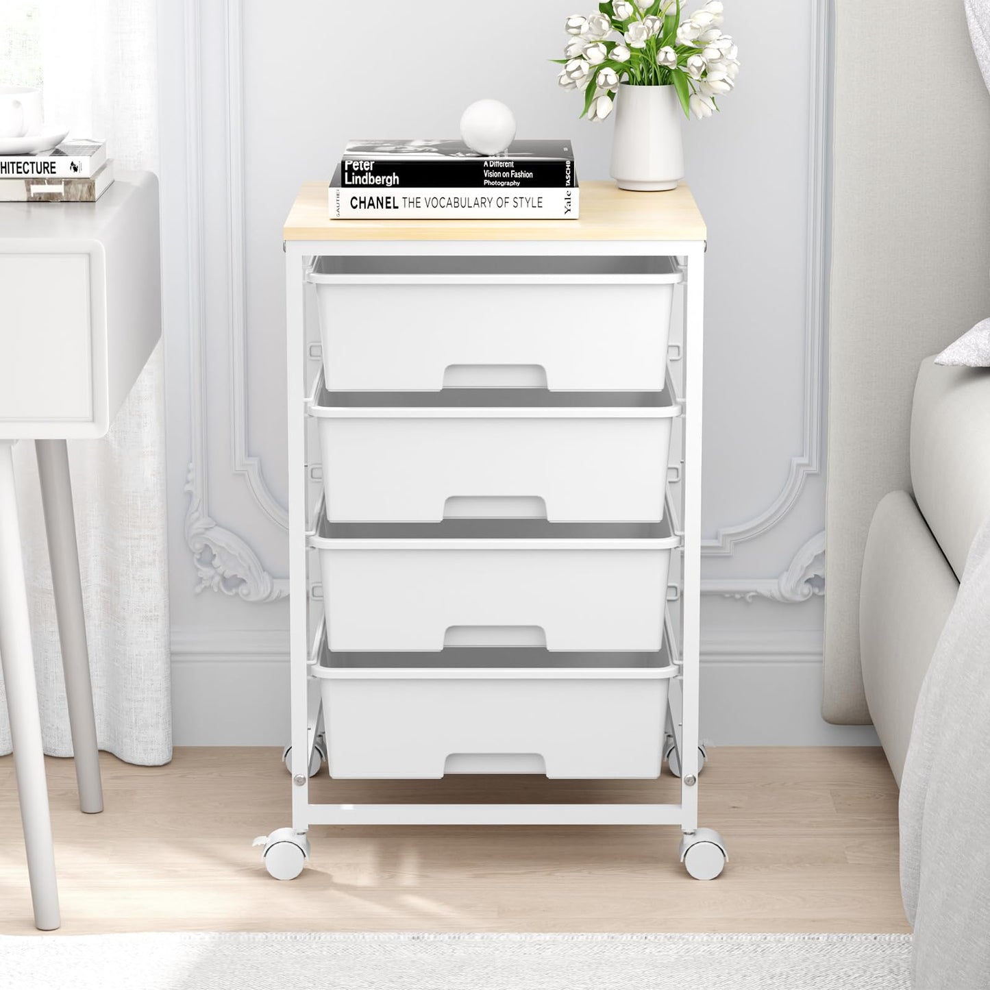 SYKIARIOL Utility Cart with 4 Drawers, Multipurpose Rolling Storage Cart with 4 Drawers and 2 Lockable Wheels, 4-Tier Rolling Storage Cart Organizer for Home Office Dorm, Bright White