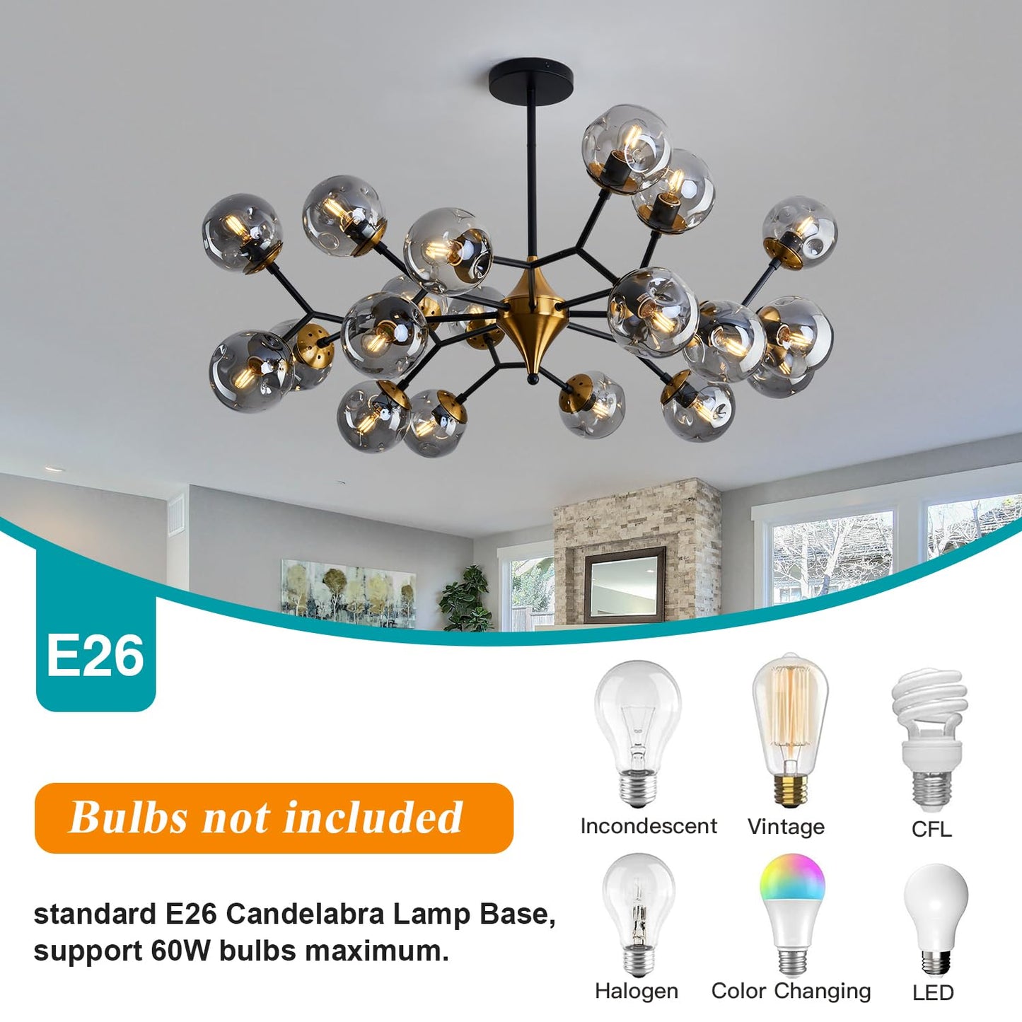 hesoge 20 Light Extra Large Sputnik Chandelier Mid Century Modern Black and Gold Ceiling Light Fixture with Glass Globe Pendant Light Hanging for Dining Room Kitchen Living Room Foyer.