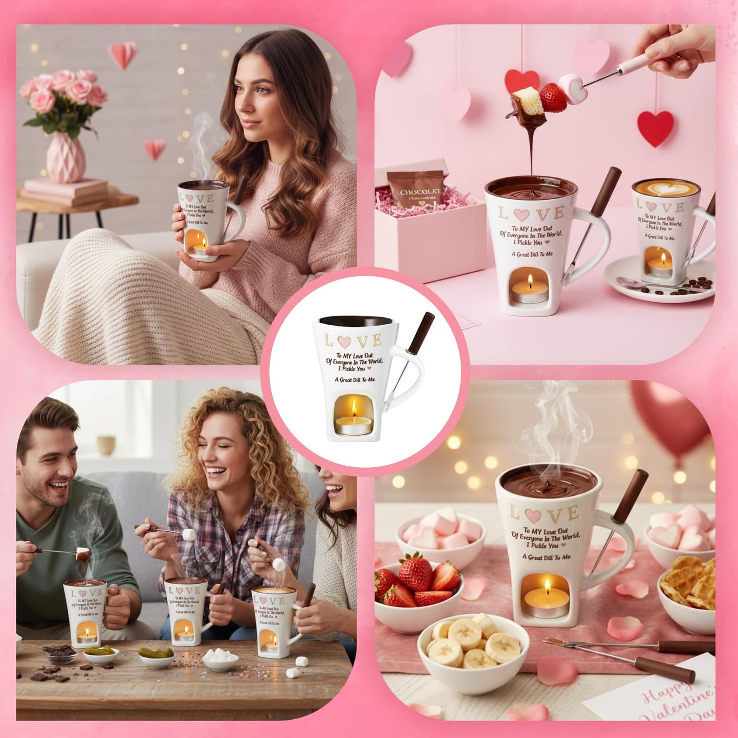 2 PCS Chocolate Fondue Mug with 2 Fork and 4 Candle, Ceramic Chocolate Melting Cup Ideal Couple Gifts Date Night Wedding Gifts