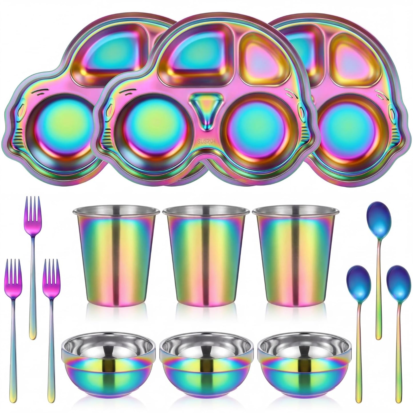 Tioncy 15 Pcs Stainless Steel Kids Dinner Set, 3 Bowls, 3 Balanced Bites Divided Plates, 3 Cups, 3 Spoons and 3 Forks, Stainless Steel Lunch Plates Dinnerware Set for Kids Toddlers(Car)