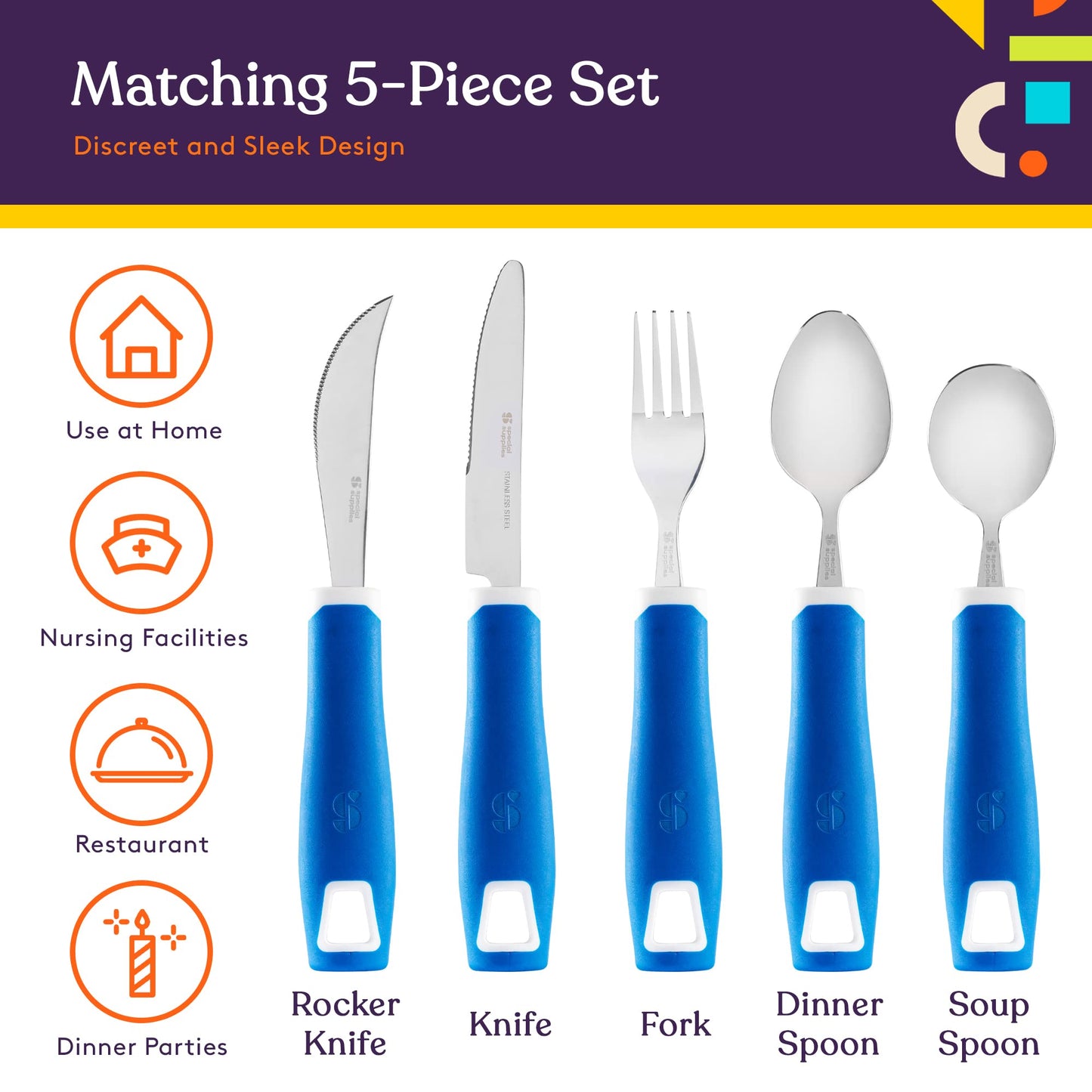 Special Supplies Adaptive Utensils 5-Piece Set Non-Weighted, Non-Slip Handles for Hand Tremors, Arthritis, Parkinson’s or Elderly Use - Stainless Steel Knife, Rocker Knife, Fork, Spoons - Blue