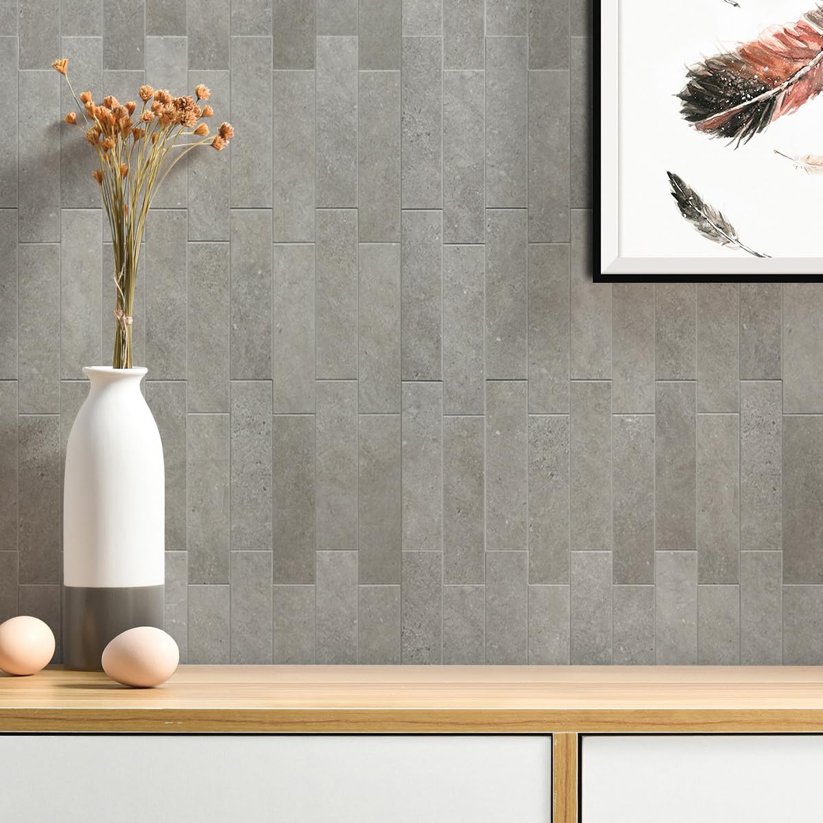 Colamo 10pcs Rock Grey Peel and Stick Wall Tiles, Self Adhesive Matte Faux Stone Brick for Accent Wall Tiles,Stick on Backsplash for Kitchen Living Room,Bedroom,Bathroom,Fireplace