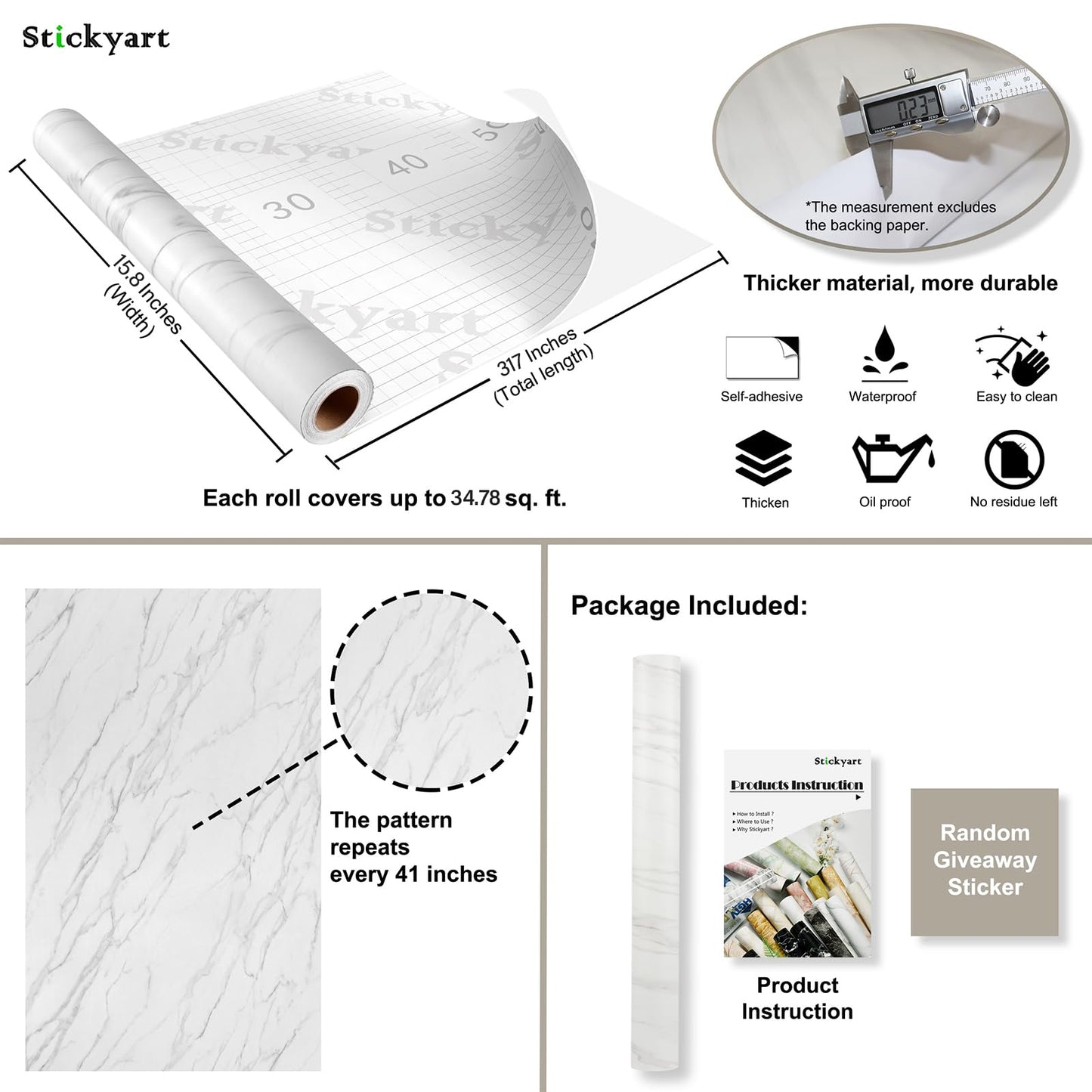 Stickyart Marble Contact Paper Peel and Stick White Marble Wallpaper for Countertops 15.8"X317" Self Adhesive Marble Counter Top Peel and Stick Waterproof Marble Contact Paper for Desk Table Cabinets