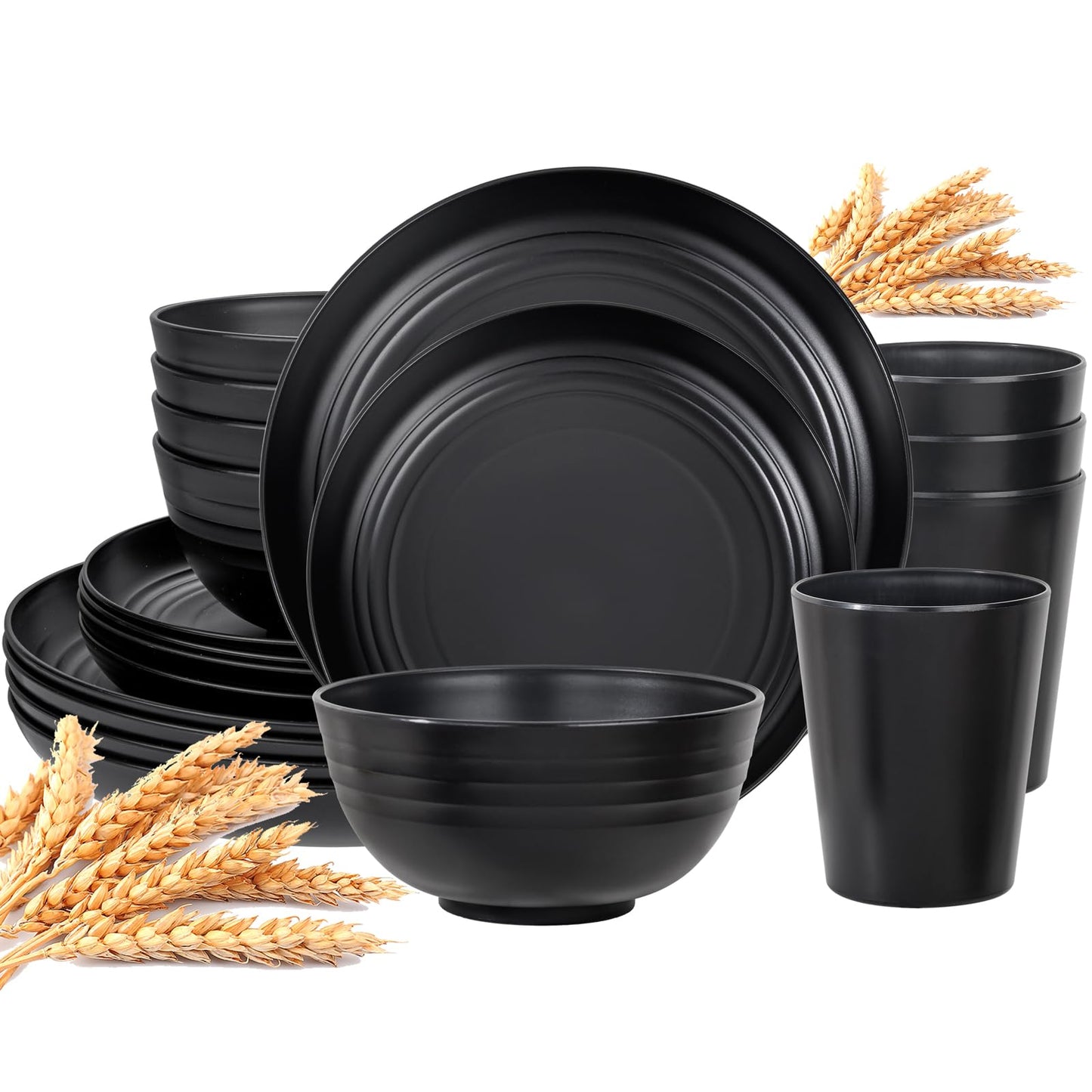 LIYH Black Plastic Wheat Straw Dinnerware Sets Unbreakable Dinner Plates for 4 Black Plates and Bowls Set Include Wheat Straw Plate Bowls Cups Dish Set for Kitchen&Camping