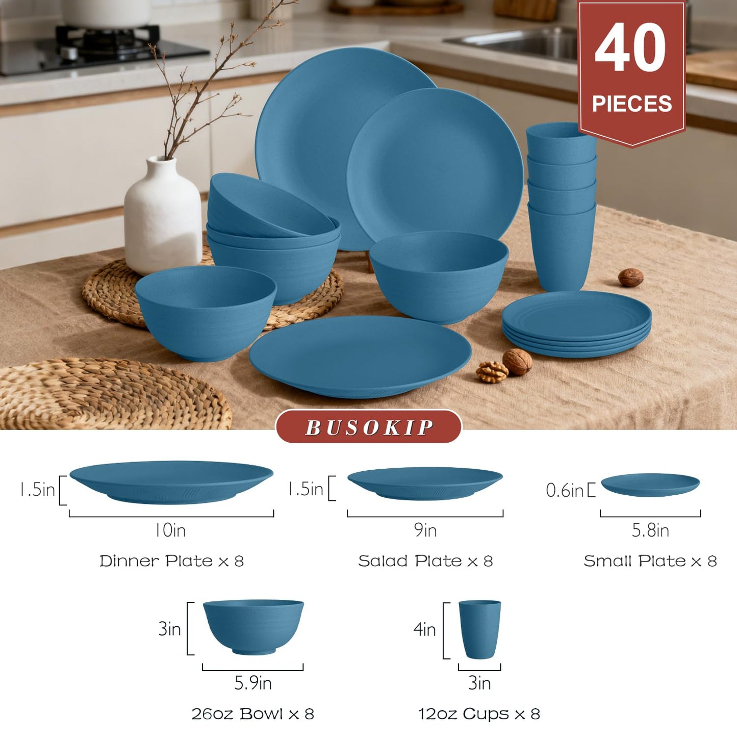 BUSOKIP Wheat Straw Dishes Set 40 PCS, Unbreakable Dinnerware Set of 8 - Dinner Plates, Cereal Bowls, Water Cup, Lightweight, Reusable, Microwave & Dishwasher Safe Bowls for Kitchen and Outdoor - Blue
