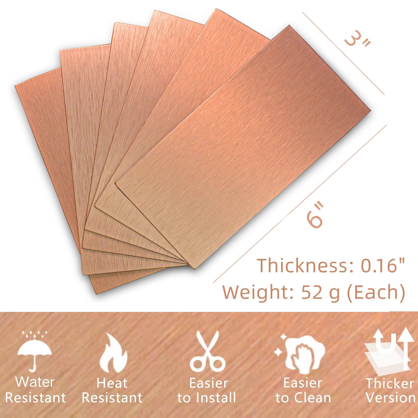 Crystiles Aluminum Peel and Stick Backsplash Tile Panels - 3"x6" Brushed Copper Kitchen Wall Decor, 40-Pack (Copper Color)