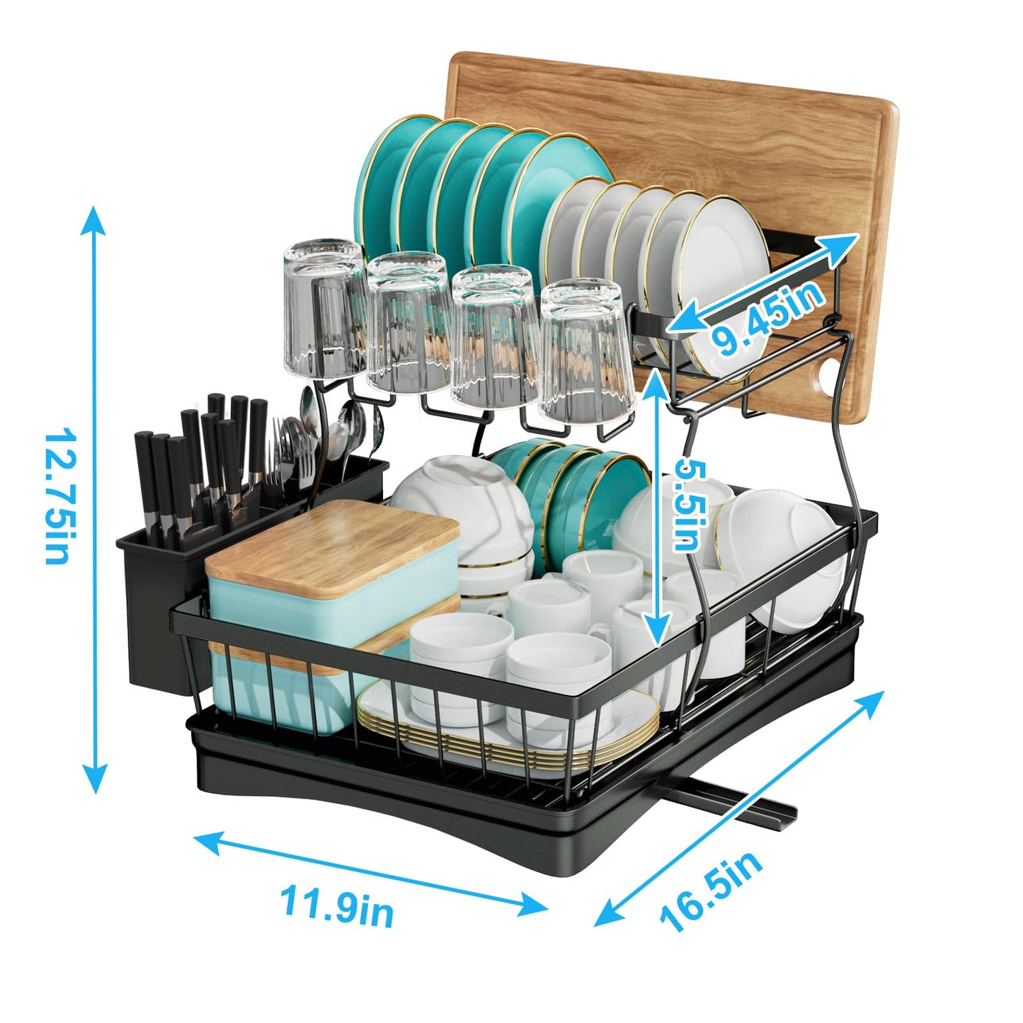 7 code Large Dish Drying Rack for Kitchen Counter, Detachable Large Capacity Dish Drainer Organizer, 2-Tier Dish Racks with Utensil Holder, Black