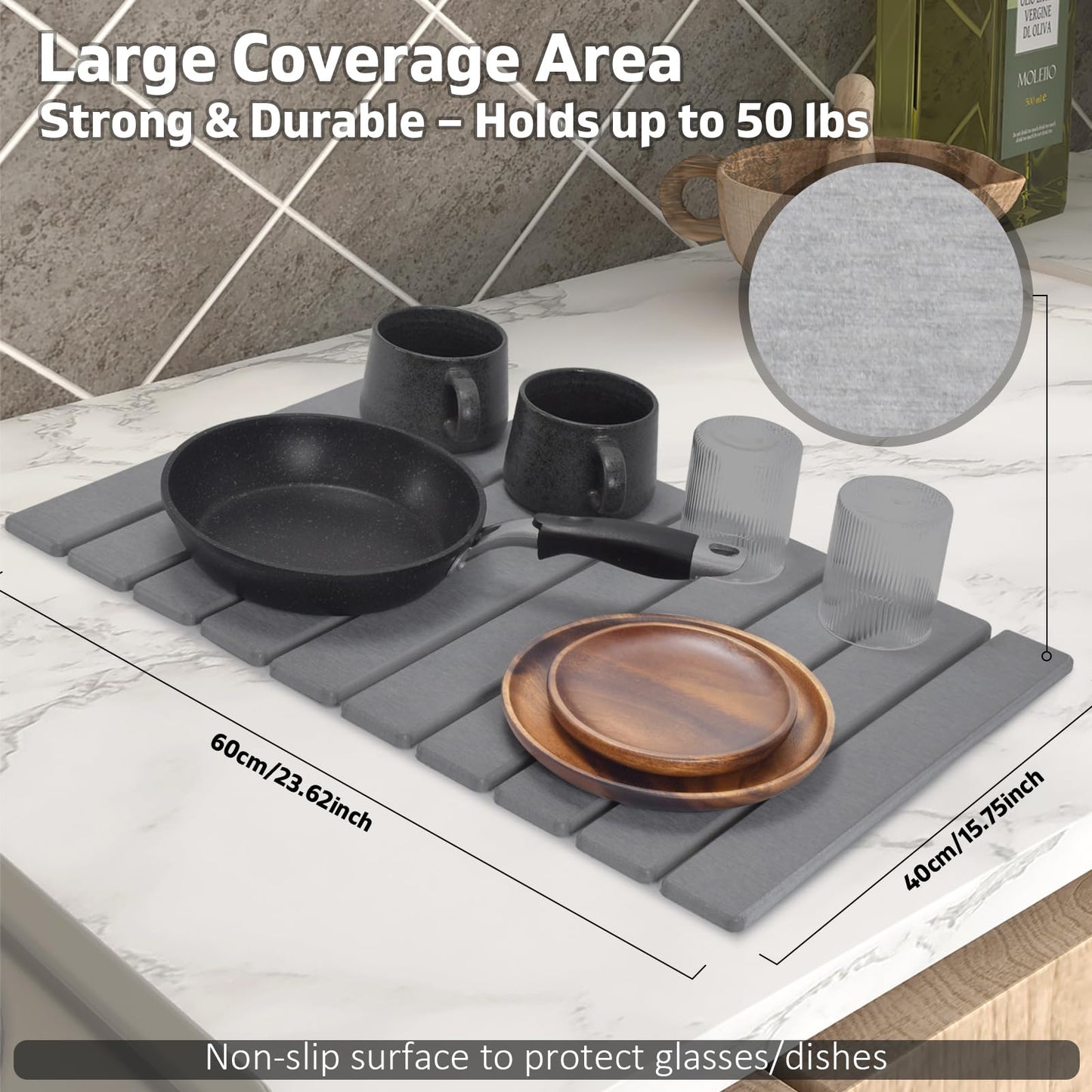 Stone Dish Drying Mat for Kitchen Counter – Collapsible 24"(L)×16 (W) Super Absorbent Diatomaceous Earth Dish Drying Mat, Grey Kitchen Counter Mats for Dishes ,Bottles, Cups, Match Any Countertop