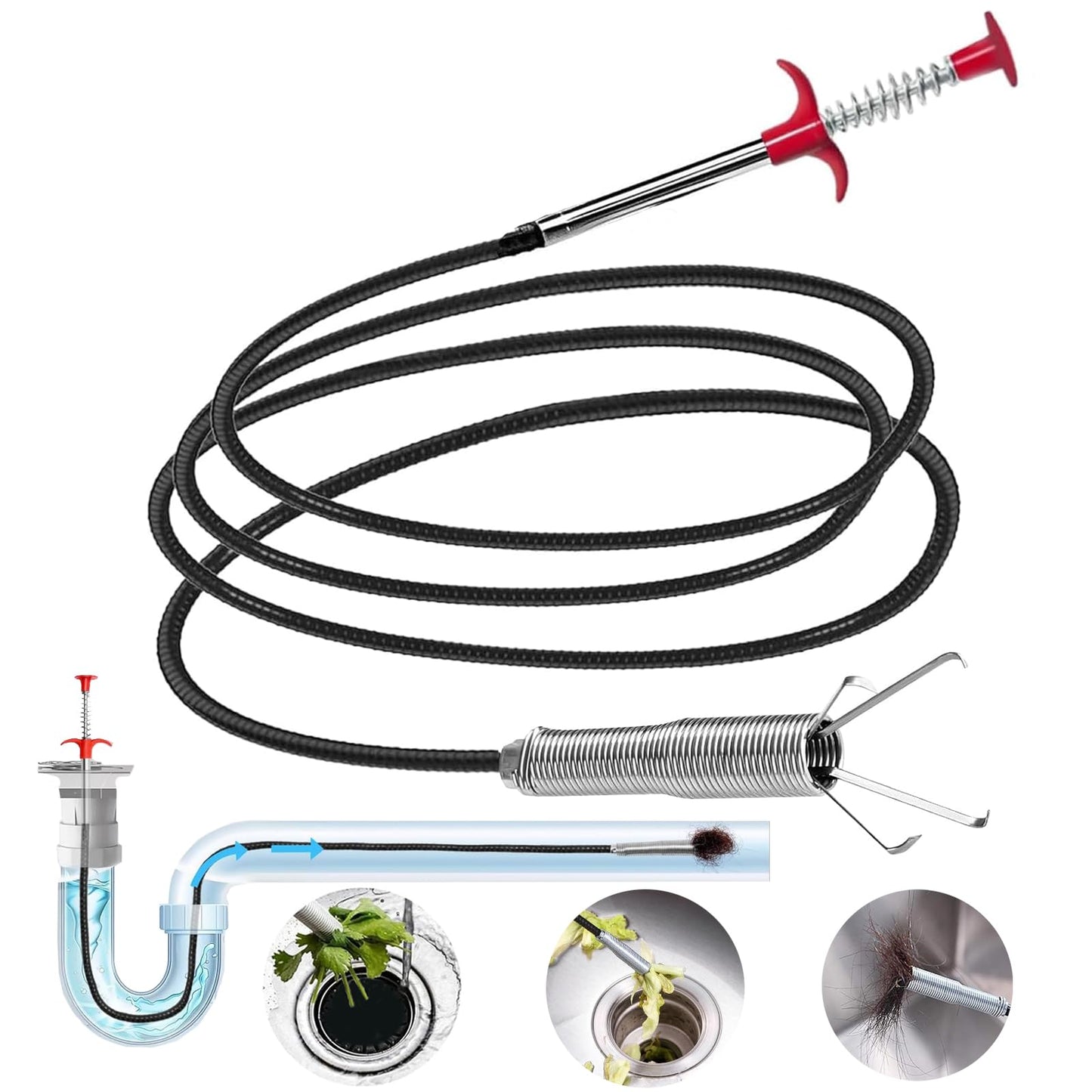 Drain Snake，116" Flexible Grabber Claw Tool Reacher Drain Snake Hair Drain Clog Remover for Toilet Sewer Shower Kitchen Bathroom Tub Clogged Drains Opener Cleaning Tool