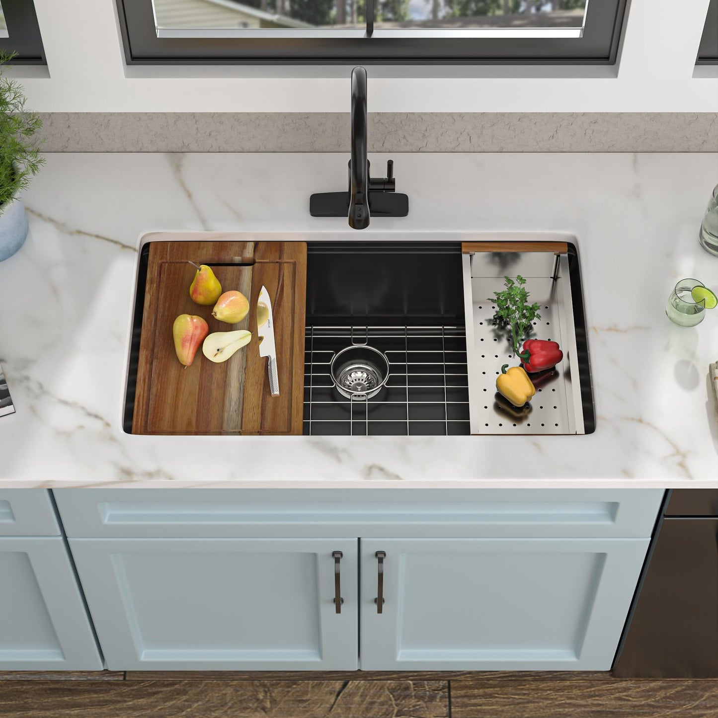 Fulorni 32"x19" Granite Composite Kitchen Sink - Undermount Matte Black Ledge Workstation Quartz Classic Under Counter Single Bowl Sink Basin