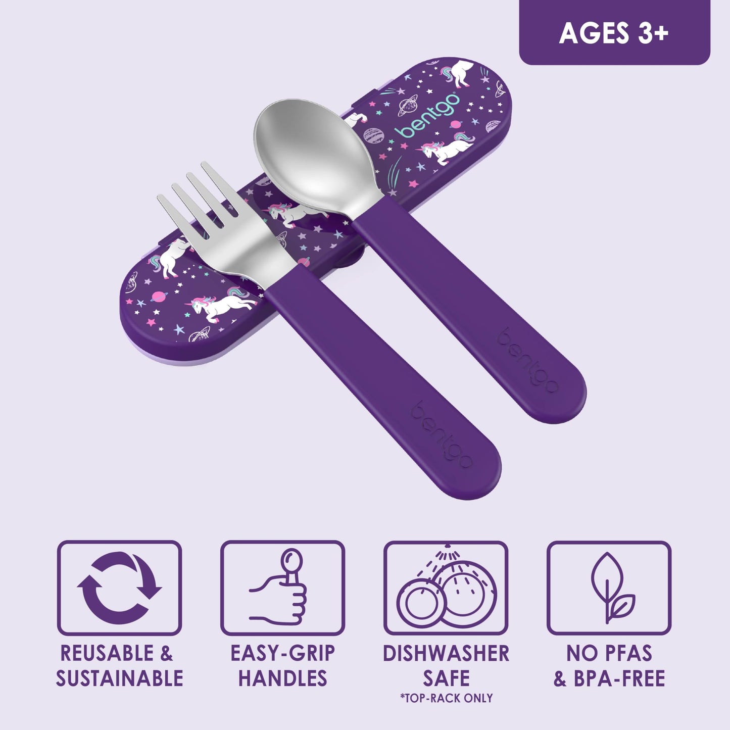 Bentgo Kids Stainless Steel Utensil Set - Reusable Fork, Spoon & Storage Case, PFAS- & BPA-Free, Easy-Grip Handles, Lightweight, Dishwasher Safe, School Lunch, Travel & Outdoors (Unicorn)