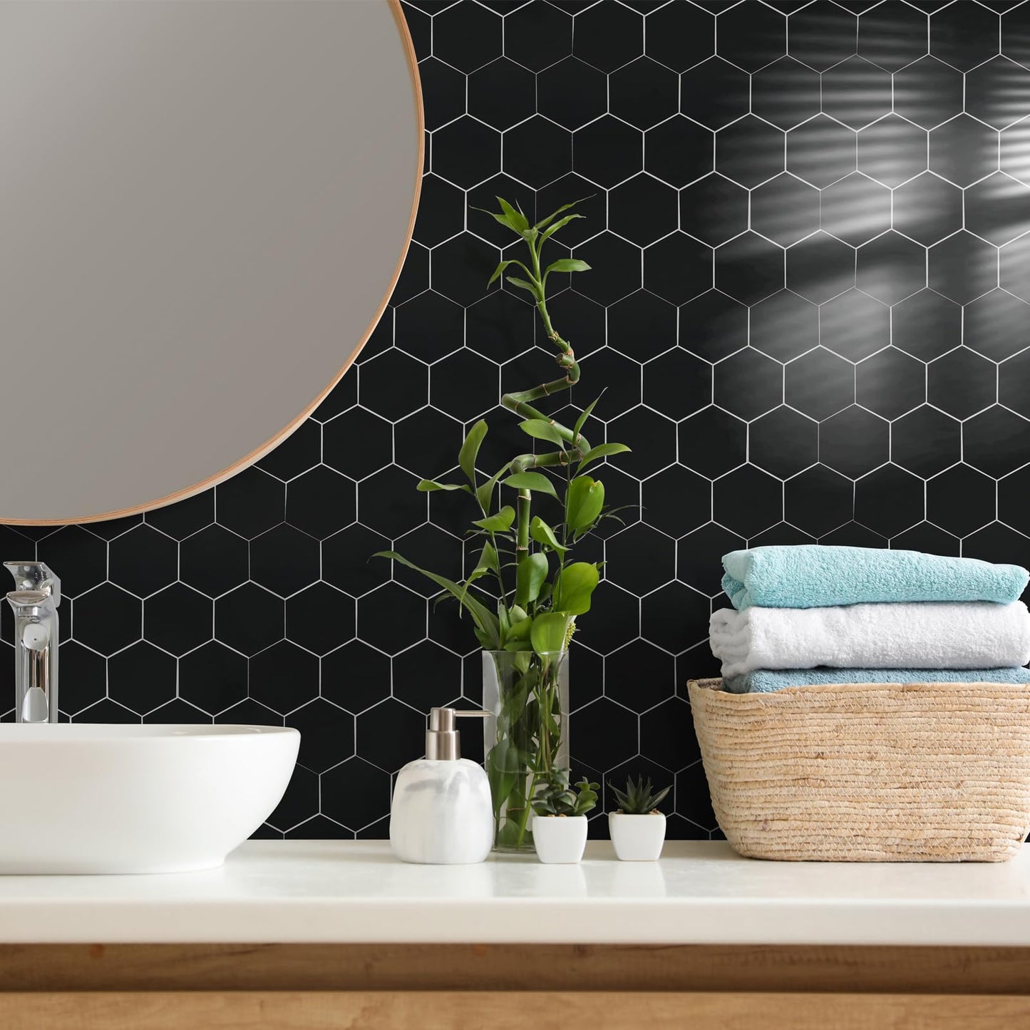 Yipscazo 10 Sheets Hexagon Peel and Stick Backsplash,Self Adhesive Luxury Faux Marble Tile,Pure Black Wall Tile for Kitchen, Stick on Backsplash Tiles for Bathroom,RV,Laundry